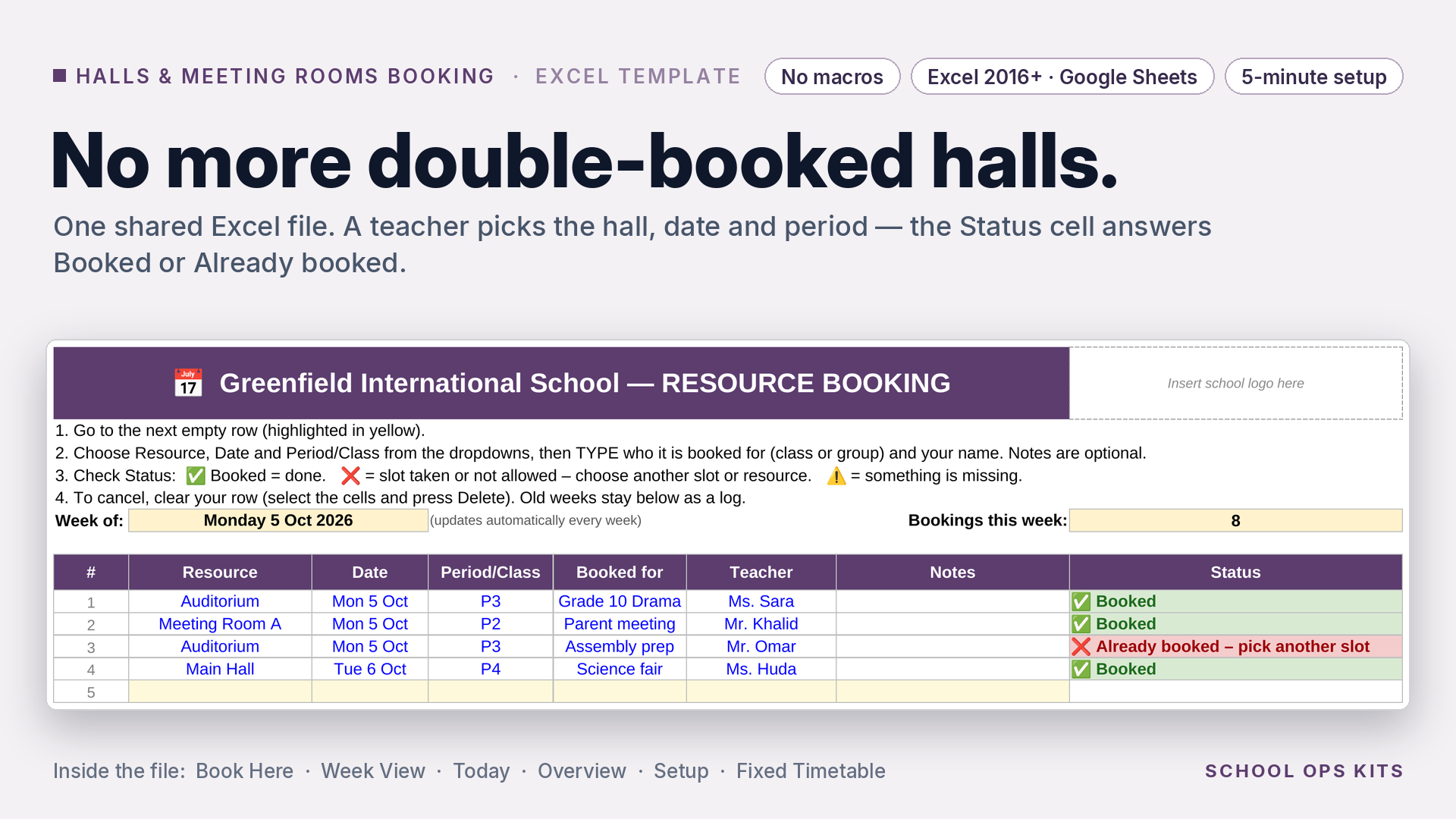 Halls & Meeting Rooms Booking — auditorium, halls, meeting rooms (Excel)