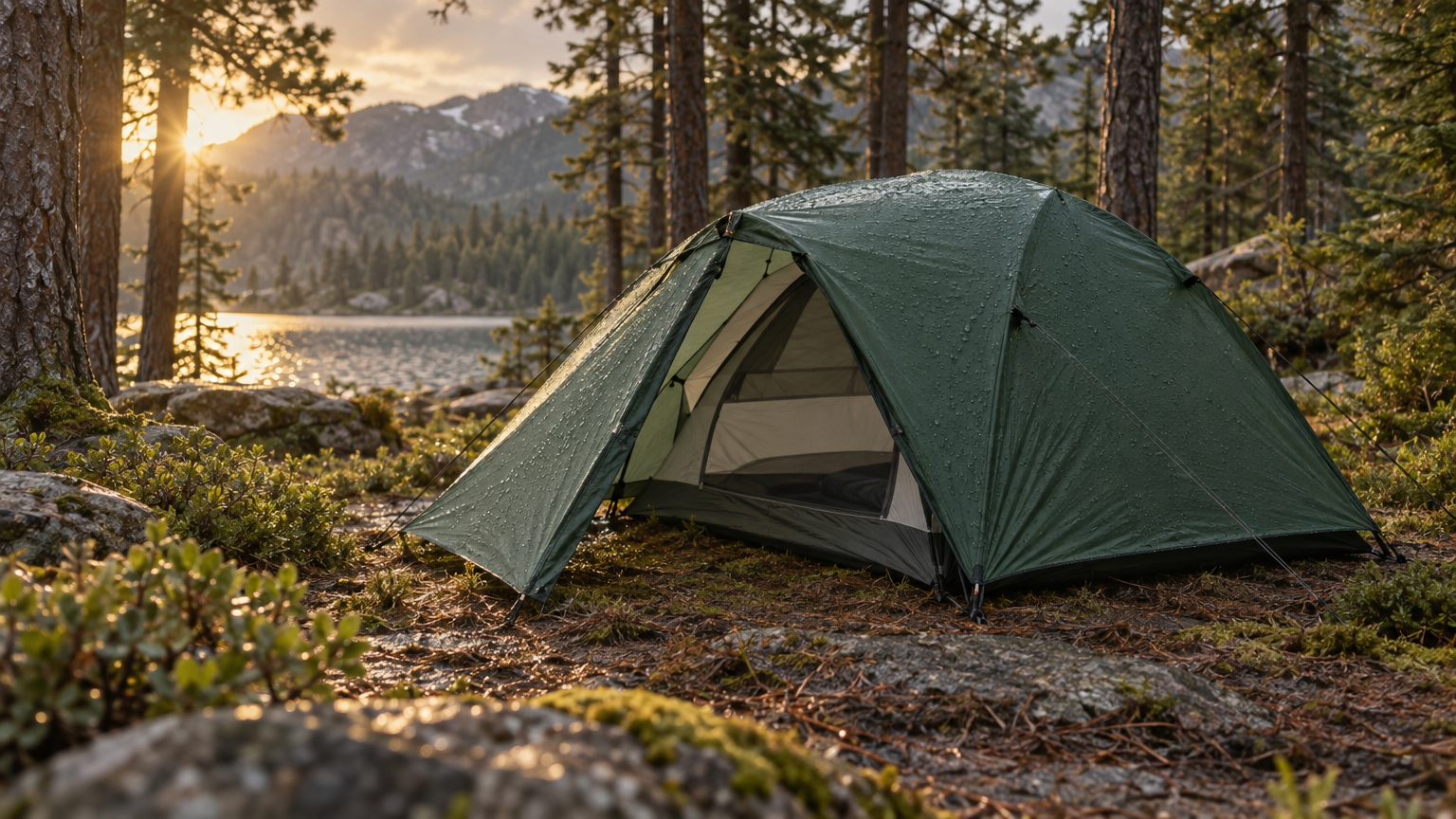 Ridge 2 tent pitched by a lake after rain