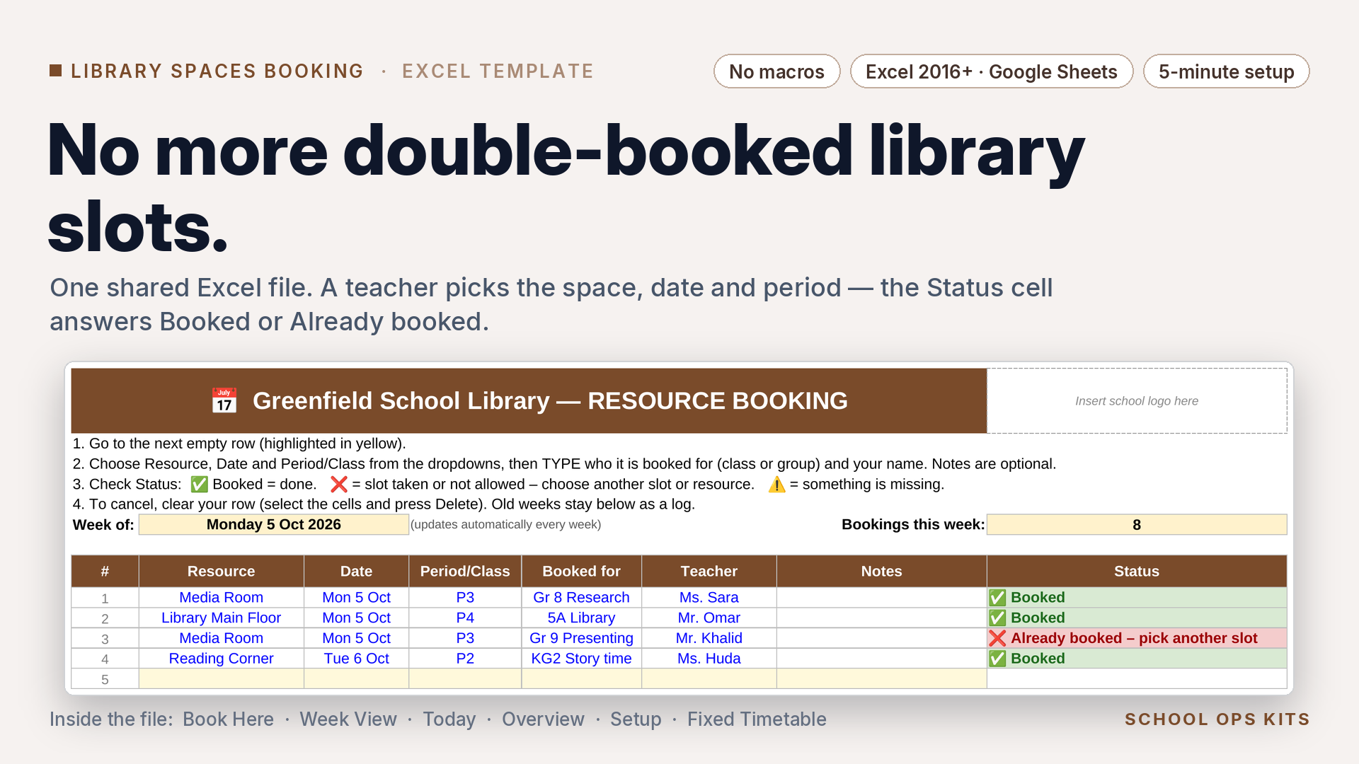 Library Spaces Booking — library floor, media room, study rooms (Excel)