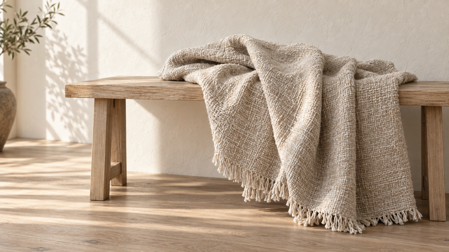 The Sunday Throw draped on an oak bench