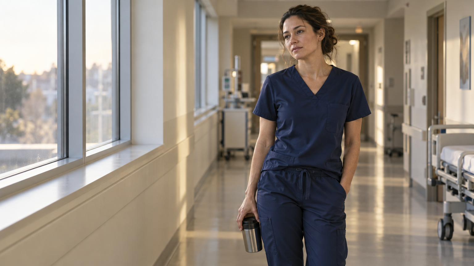 A nurse in navy Northline scrubs at the end of a long shift
