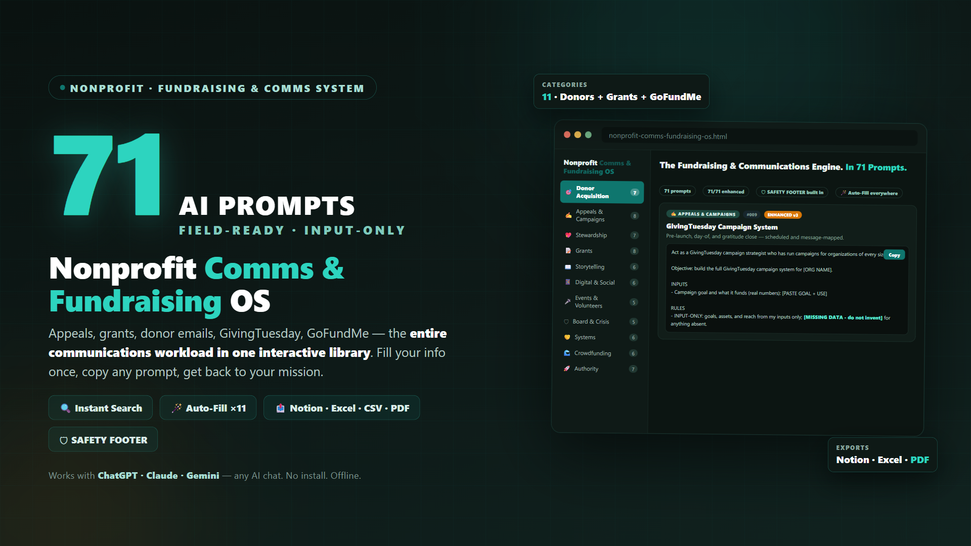 Nonprofit Comms & Fundraising OS — 71 AI Prompts That Fuel Your Mission
