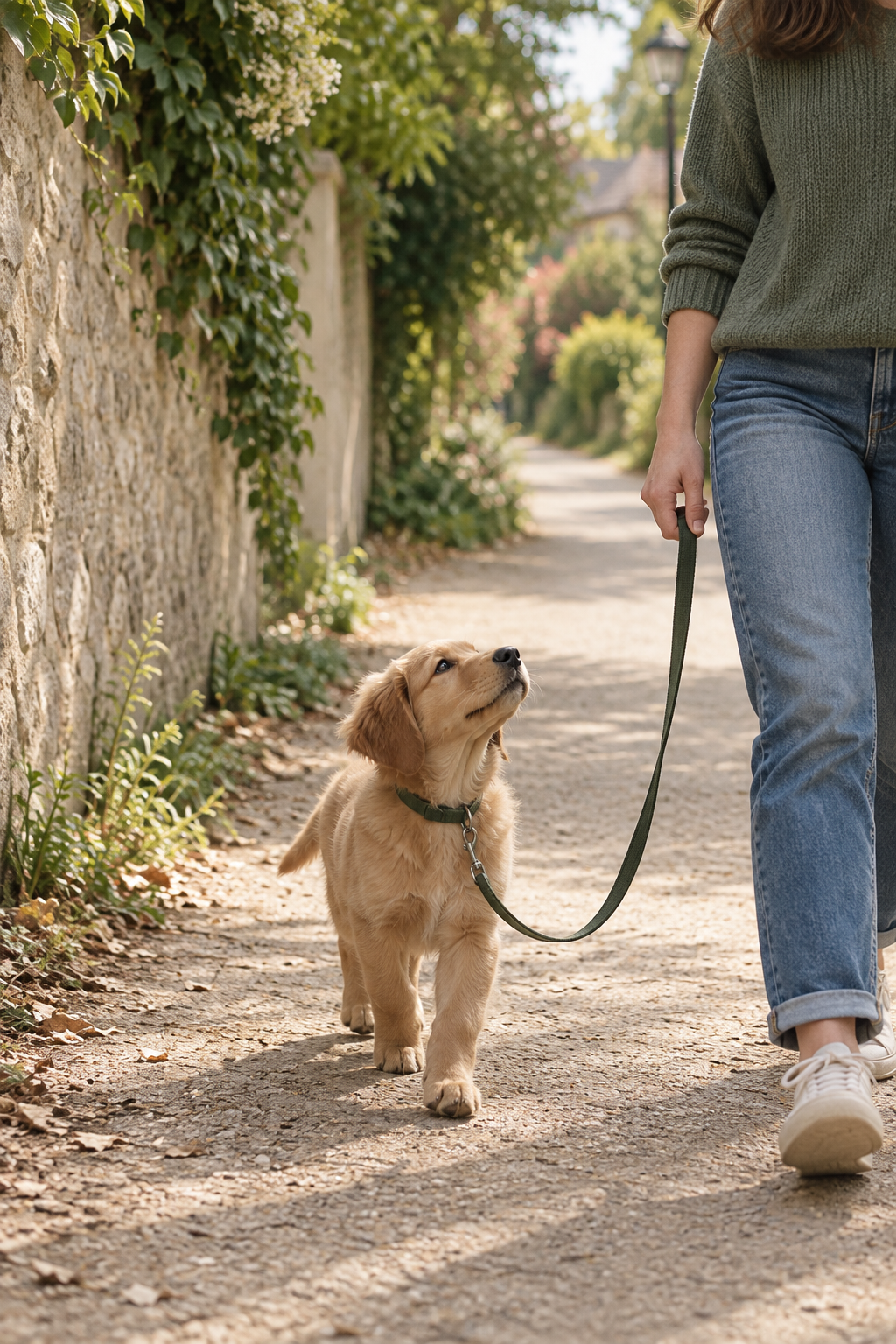New Puppy Owners Taking Calm Neighborhood Walks with Less Pulling