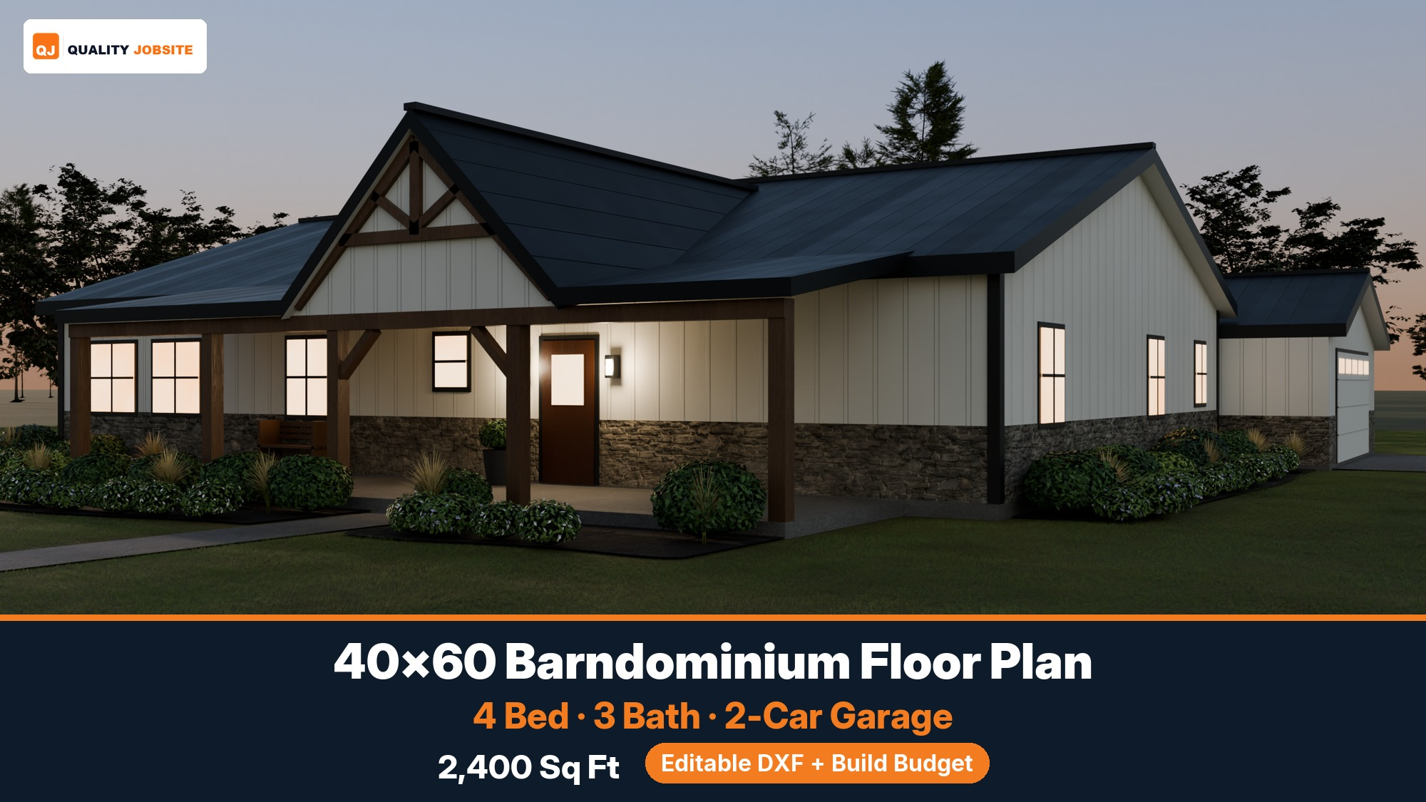 40×60 Barndominium Floor Plan — 4 Bed, 3 Bath