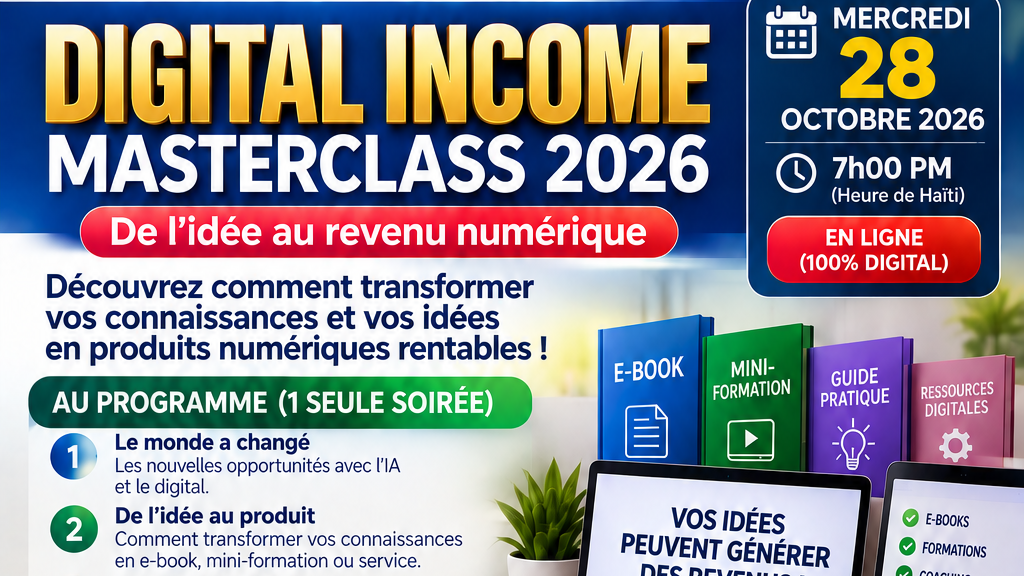 DIGITAL INCOME MASTERCLASS — $24.99 Mercredi 28 octobre 2026 • 7:00 PM • En lign
