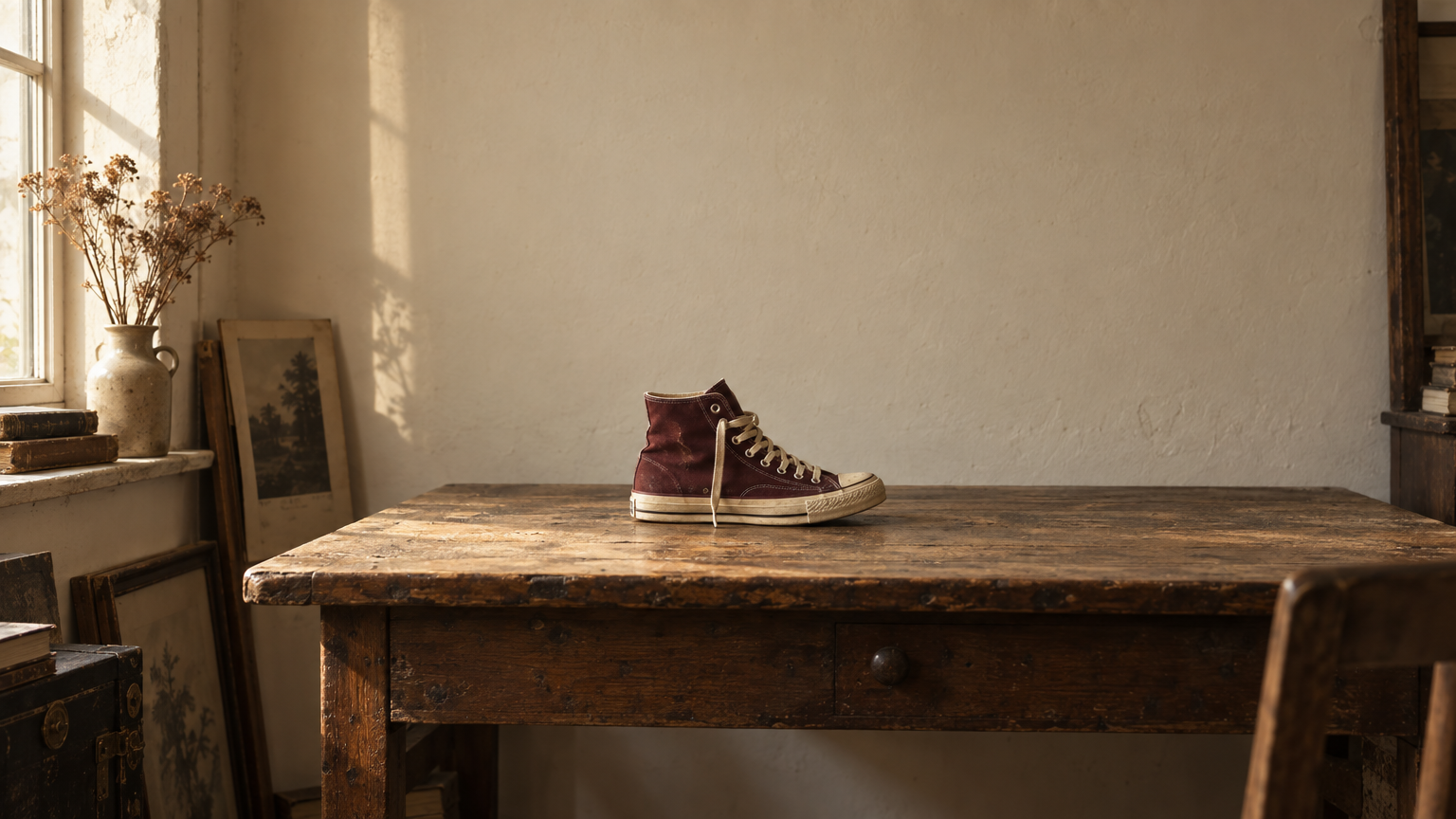 A vintage high-top on a worn oak table