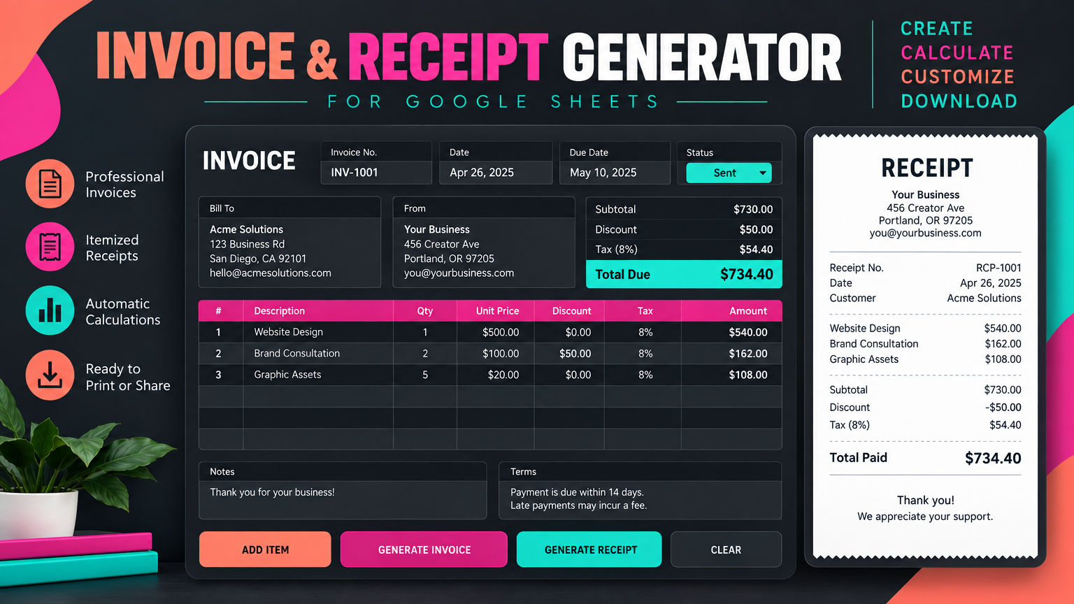 Invoice & Receipt Generator for Google Sheets