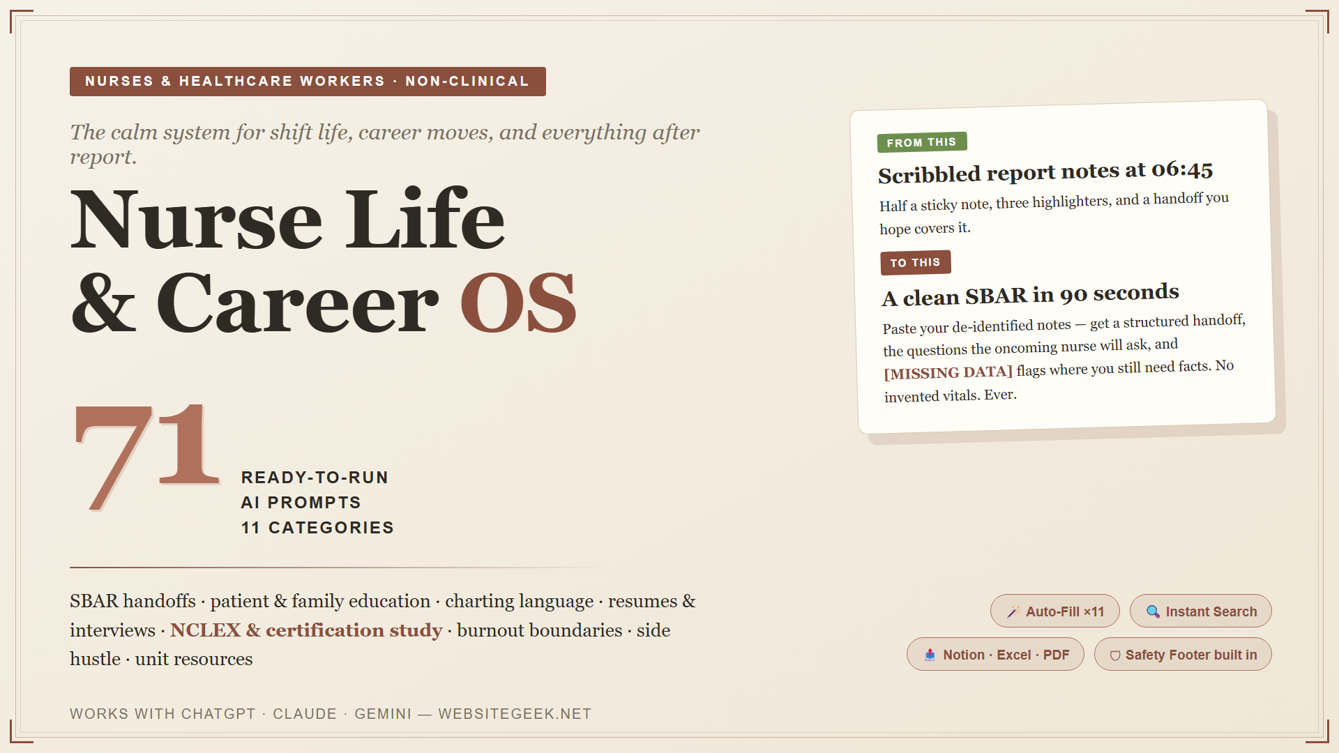 Nurse Life & Career OS — 71 AI Prompts for Nurses