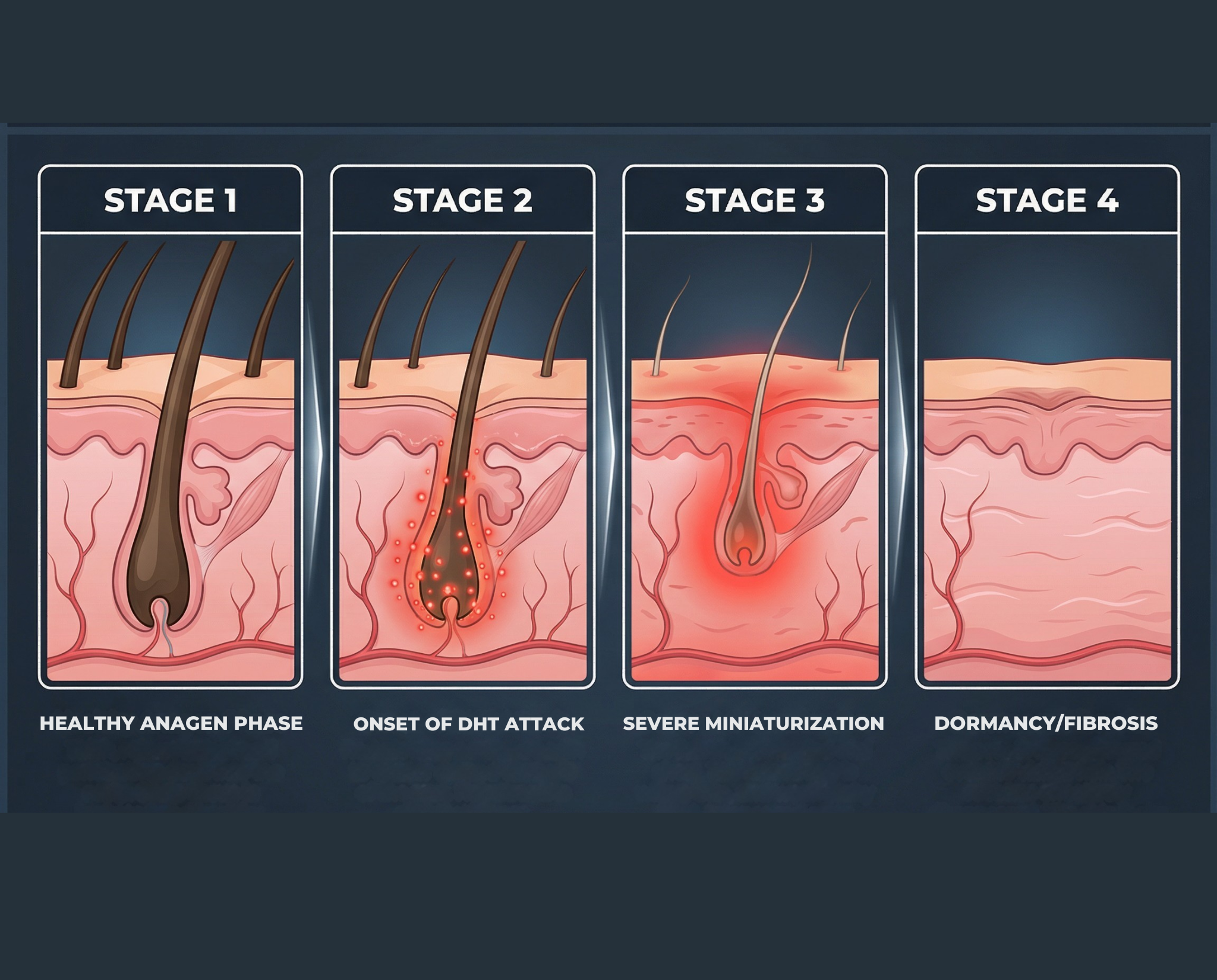 Diagram of a hair follicle from a healthy growth phase to progressive miniaturisation