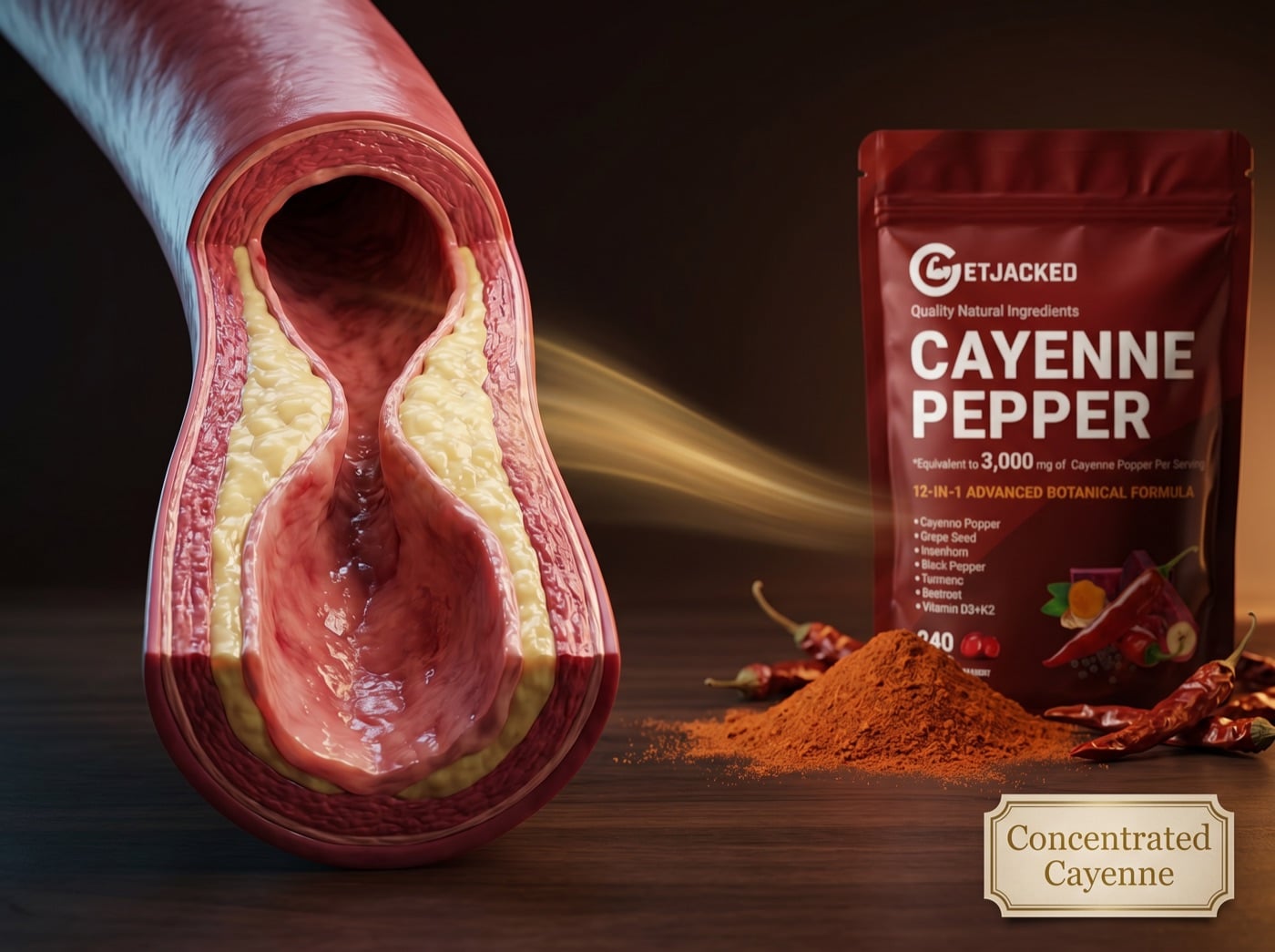 Artery cross-section with cayenne flowing in