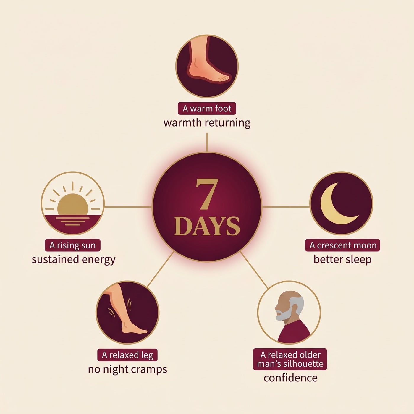 7 days infographic showing warmth, energy, sleep, no cramps, confidence
