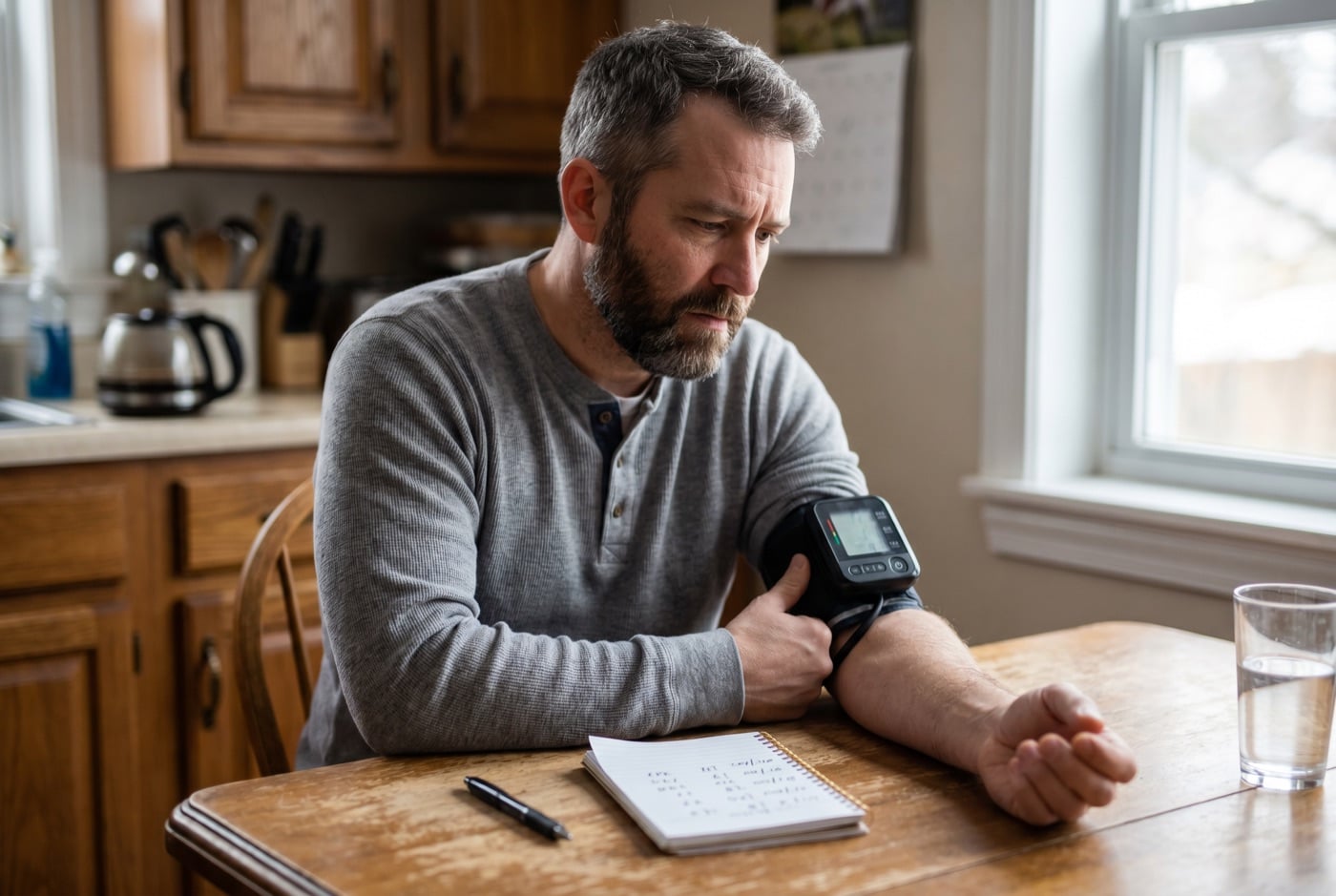 Older man taking his blood pressure at the kitchen table, looking concerned