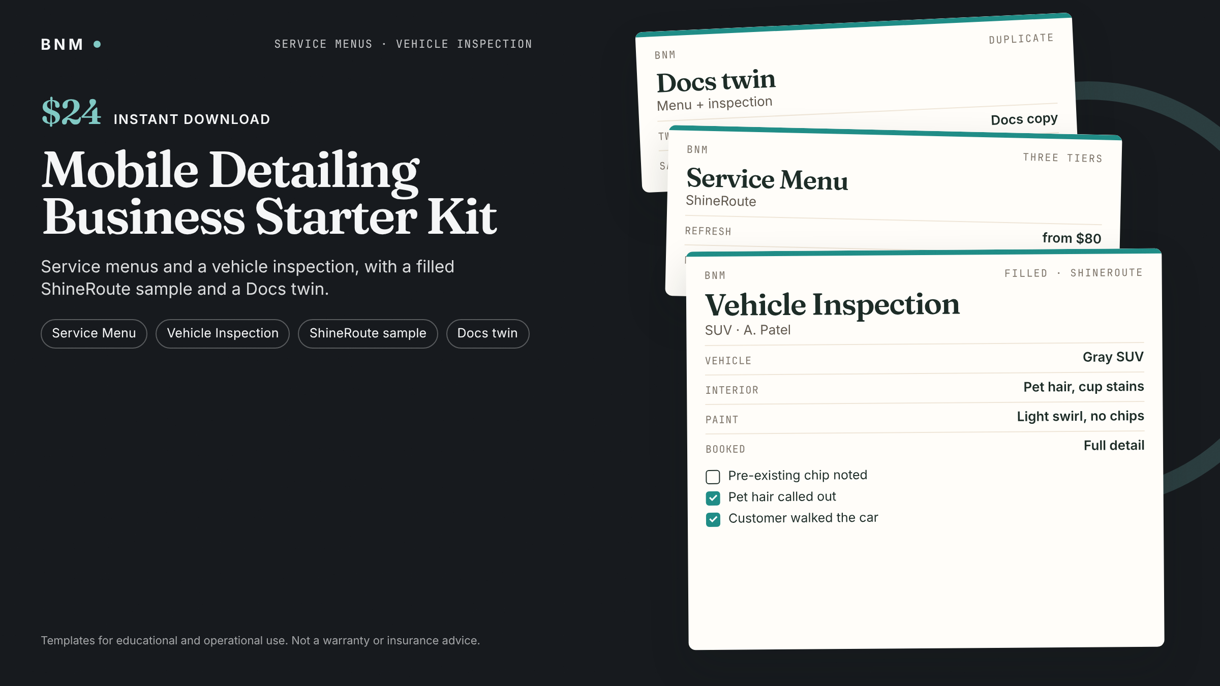 Mobile Detailing Business Kit — Service Menu, Vehicle Inspection & Invoice Forms