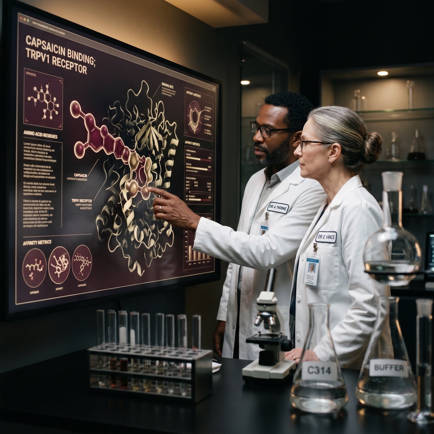 Scientists examining capsaicin and TRPV1 receptor binding