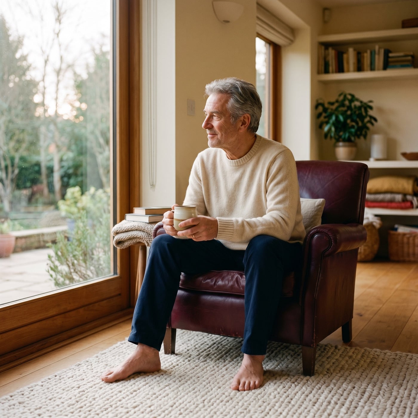 Older man at home, peaceful, barefoot on rug