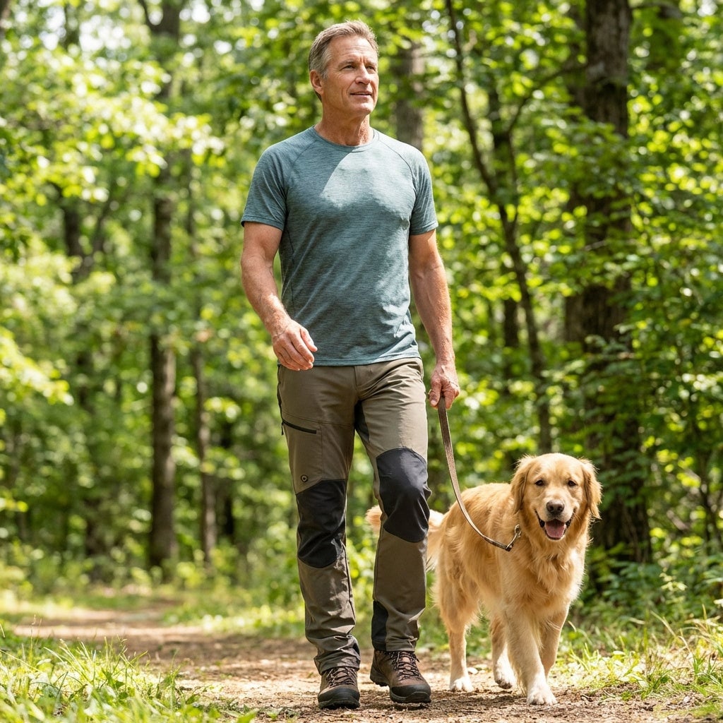 Man walking on trail with dog