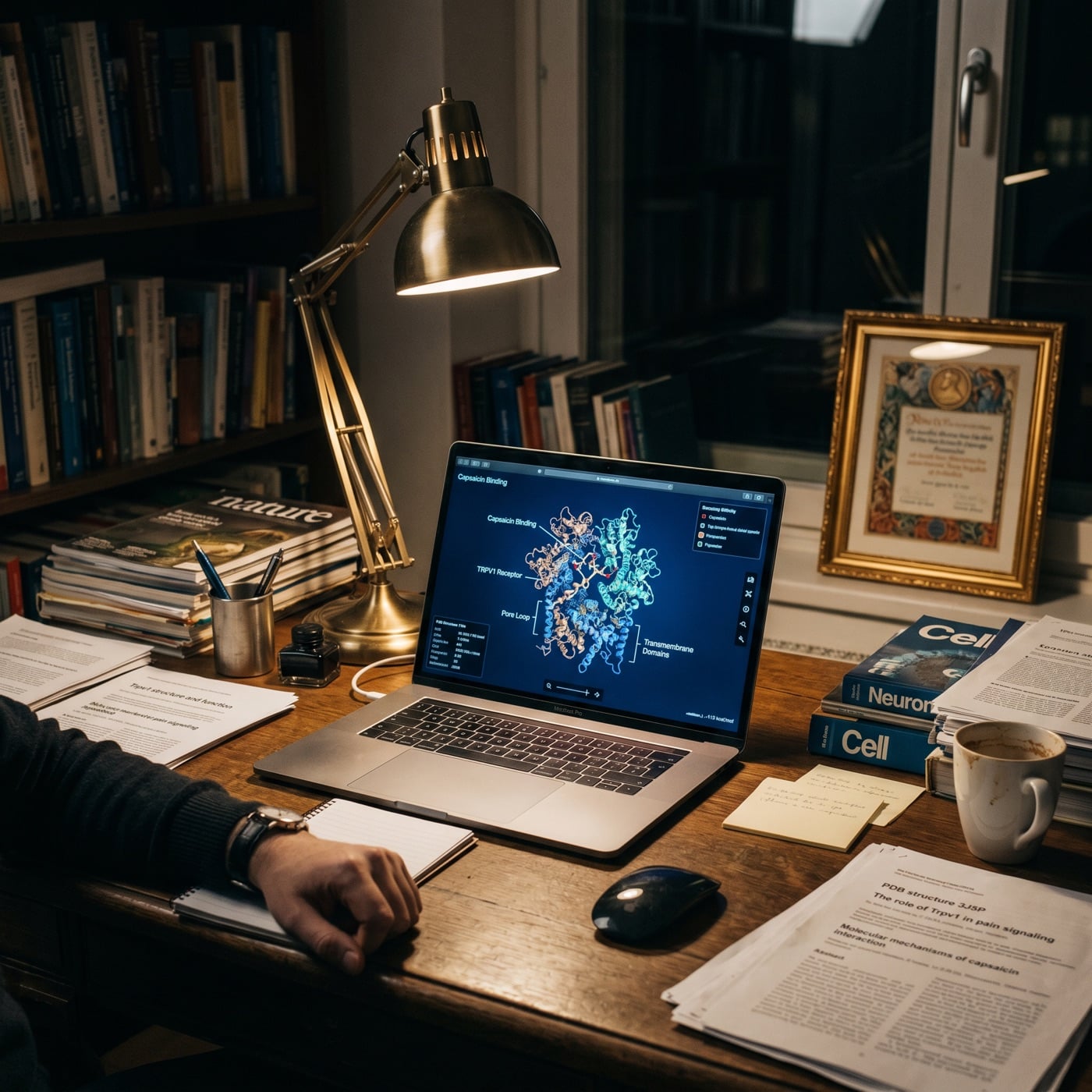 Lab desk with research