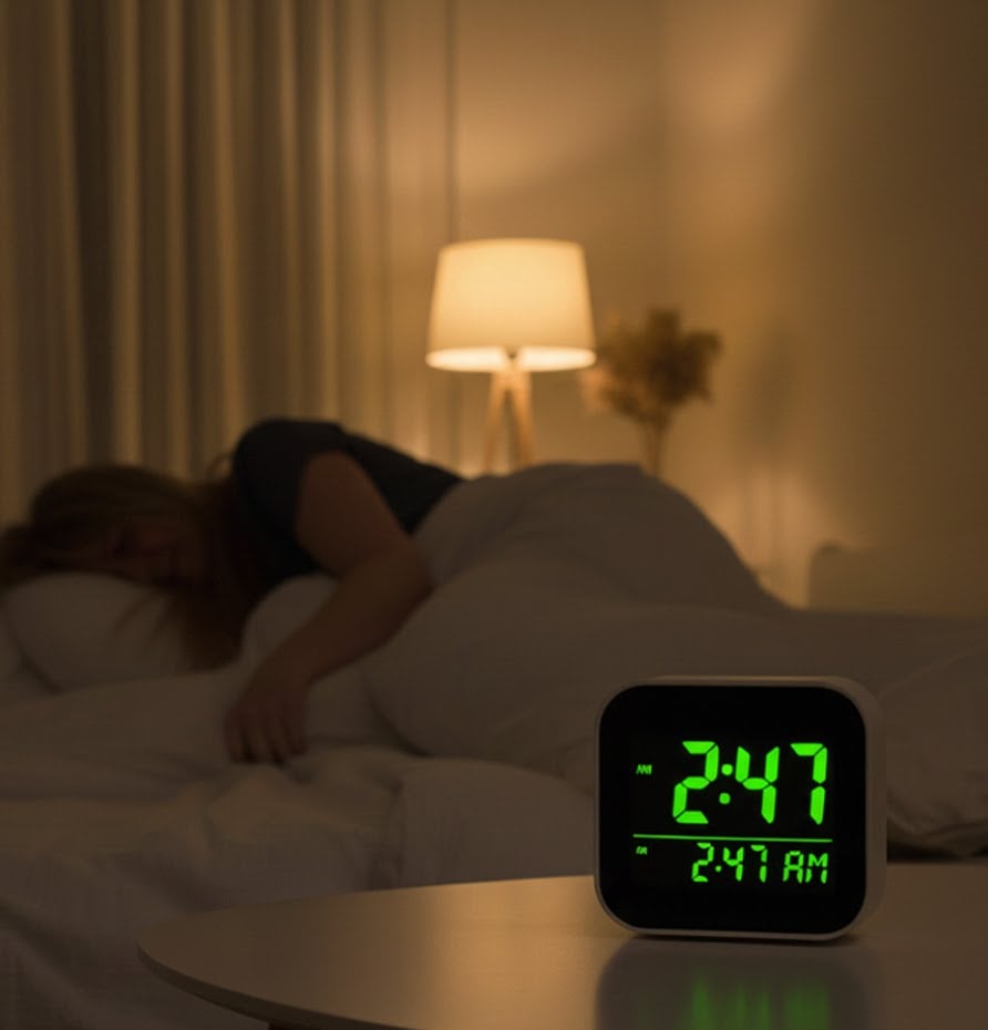 Wife in bed, clock showing 2:17 AM