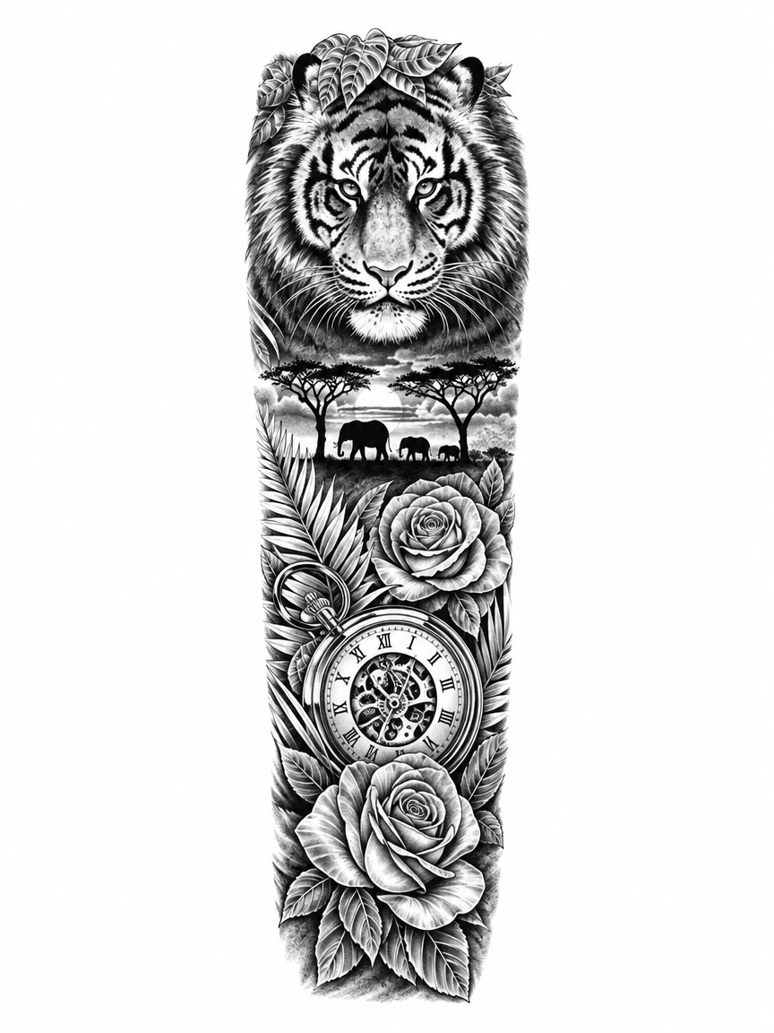 Tiger Clock Roses Full Sleeve