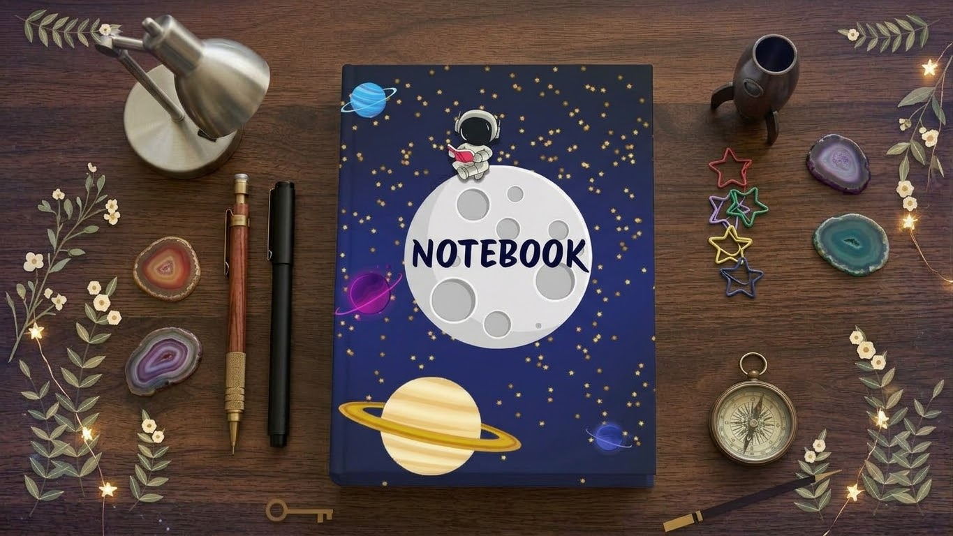 Outer Space Notebook Mockup – Astronaut & Moon Journal Interior DisplayOuter Spa