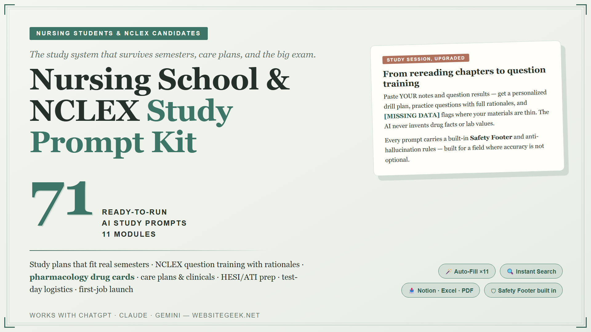 Nursing School & NCLEX Study Prompt Kit | 71 AI Prompts