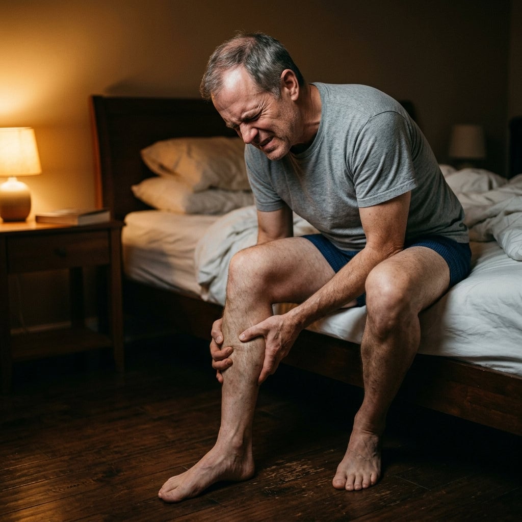 Man grabbing calf in pain at 2am