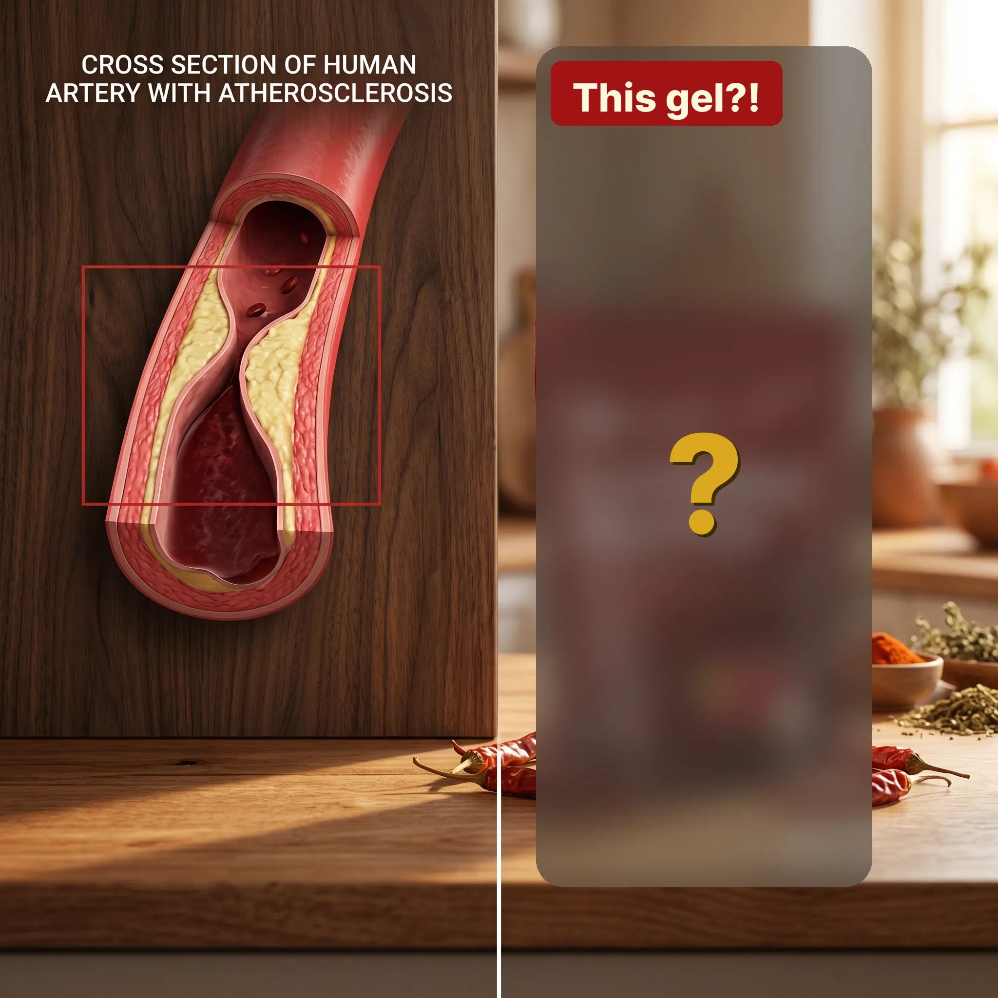 Artery illustration next to blurred cayenne softgel pouch