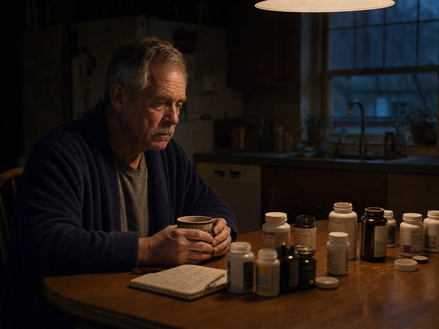 A 61-year-old man sitting at a kitchen table at 2 AM with a row of supplement bottles in front of him, looking worried