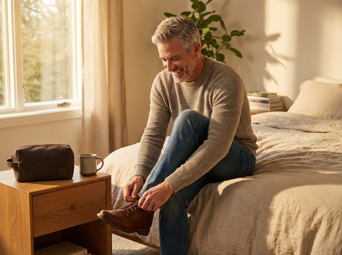 Man sitting on bed feeling comfortable