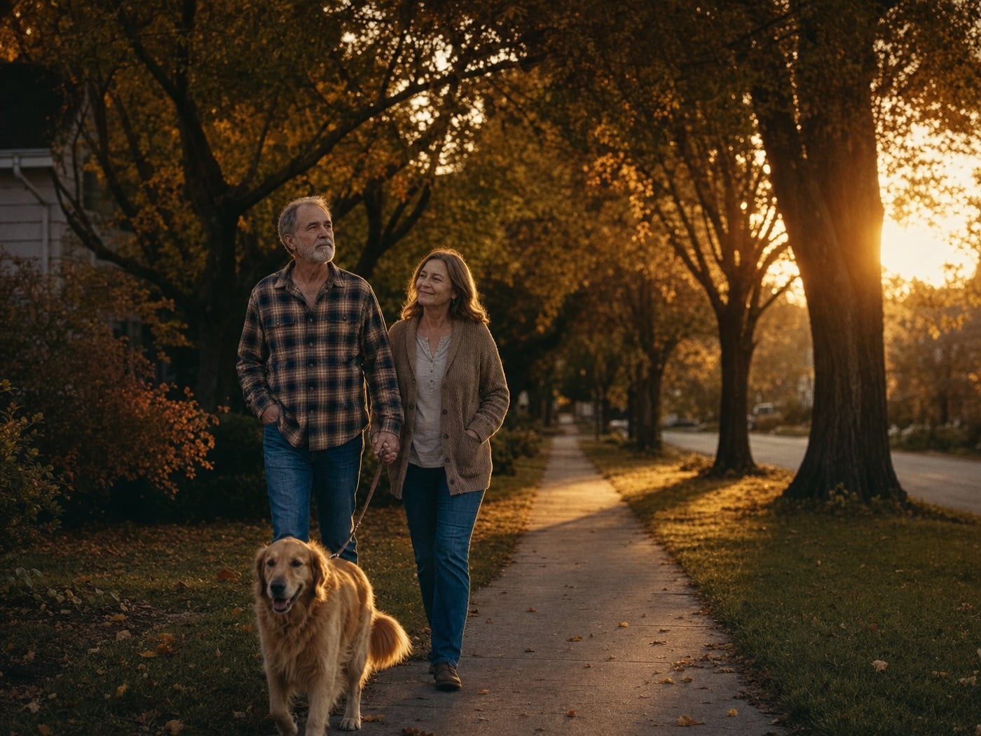 A man in his 60s walking with his wife and golden retriever at sunset