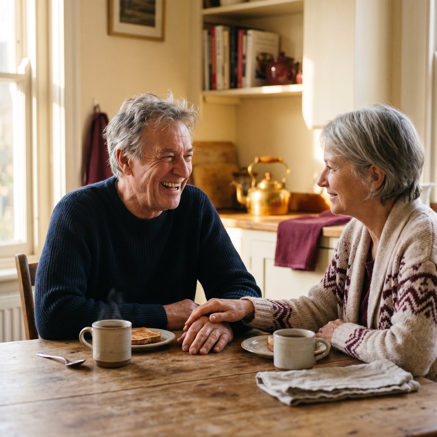 Older couple at kitchen table, wife's hand on his