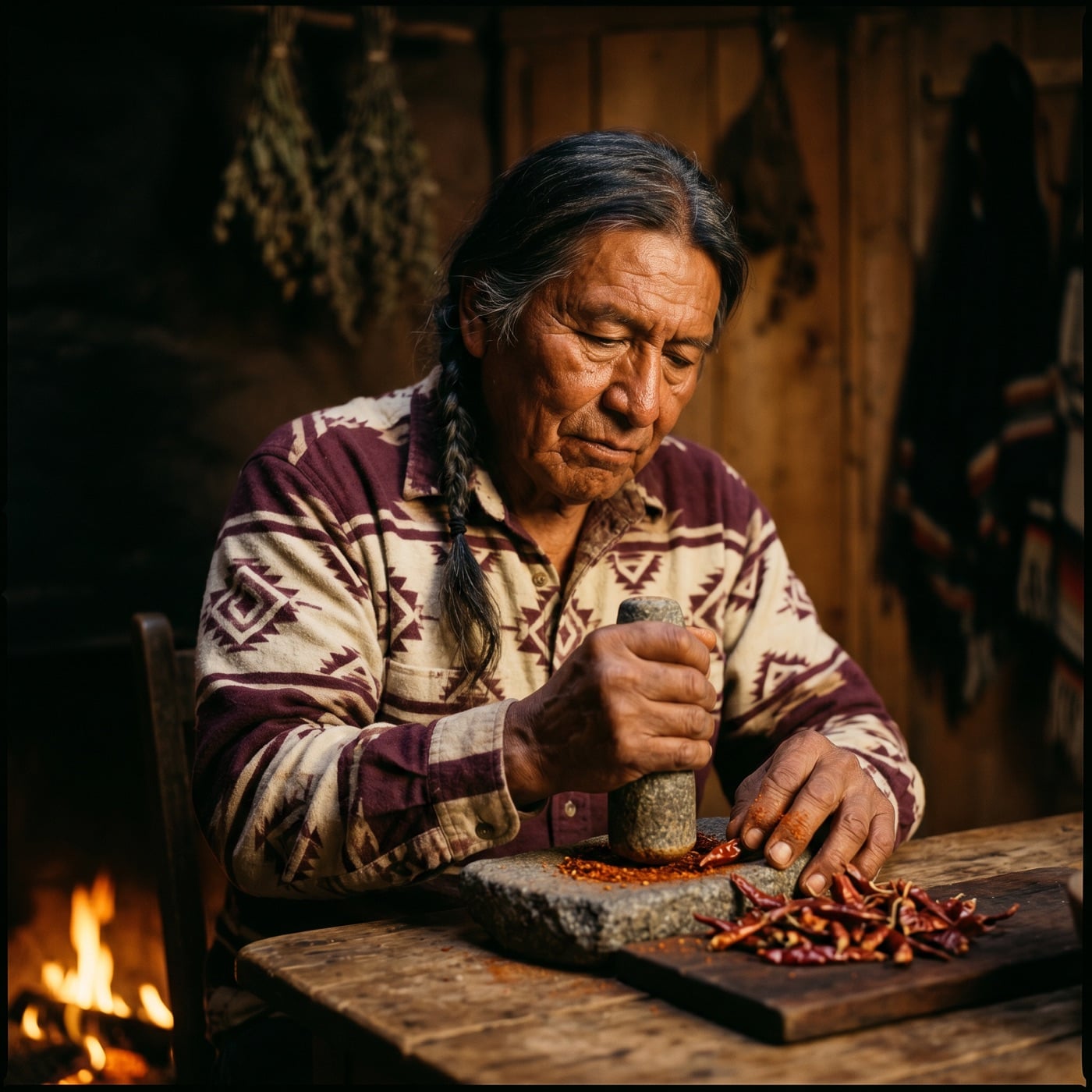 Native American elder grinding cayenne pepper