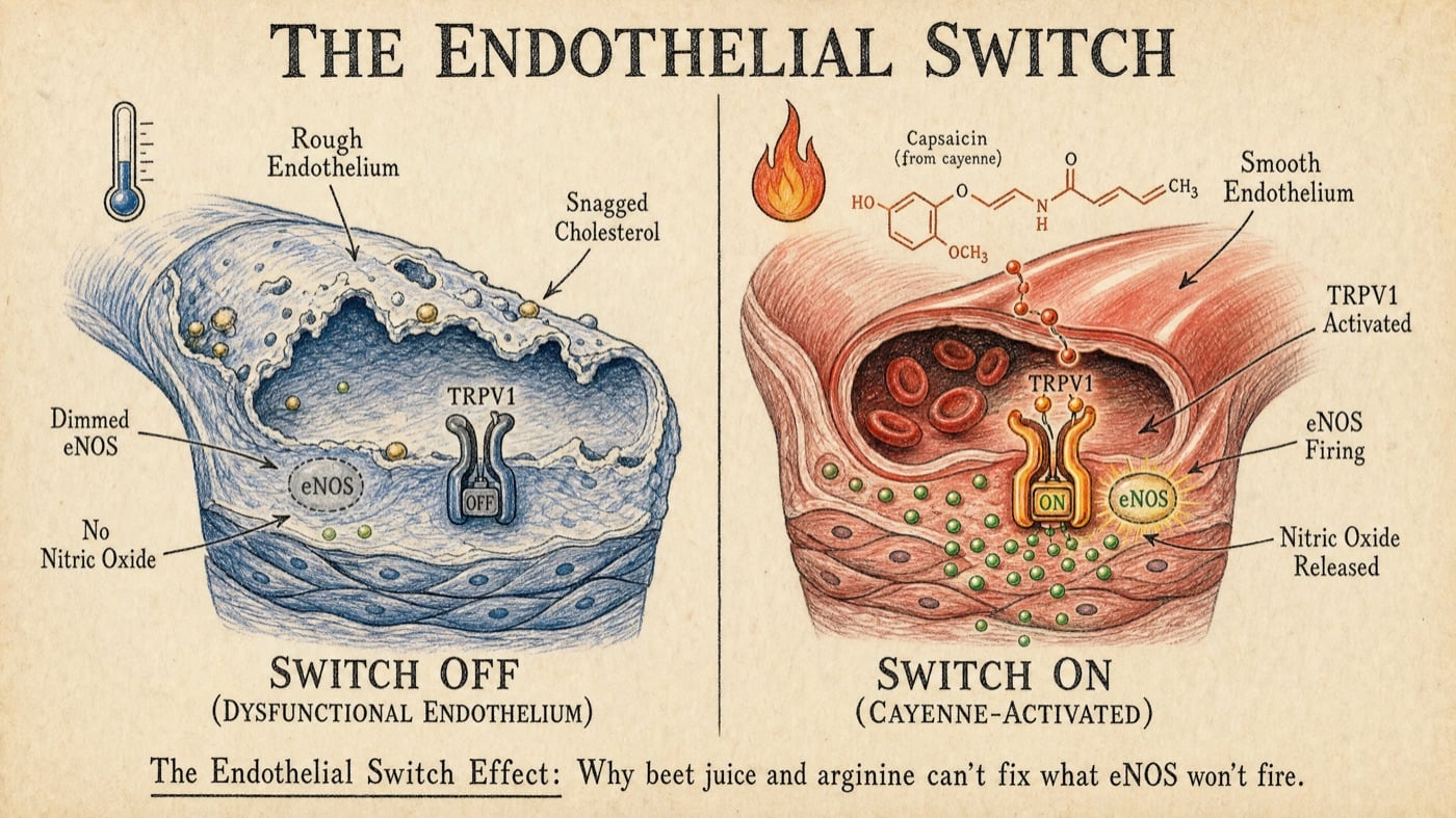 Comparison diagram: Switched-off endothelium with rough sticky surface vs Switched-on endothelium with smooth nitric-oxide-rich surface