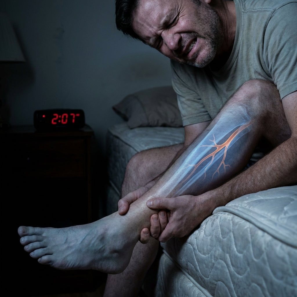 Man rubbing his leg awake at 2:07 AM