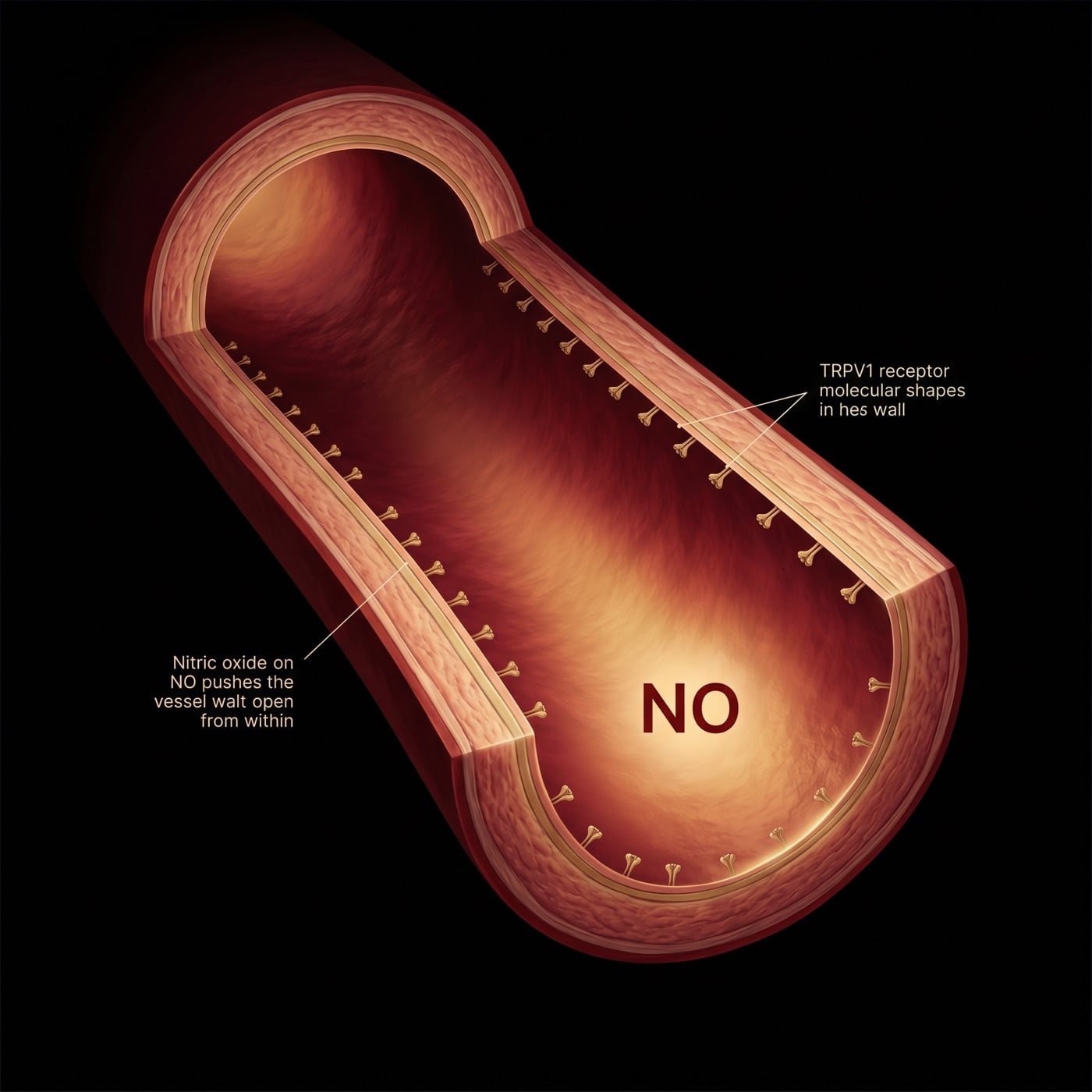 Artery cross-section showing TRPV1 receptors and nitric oxide release