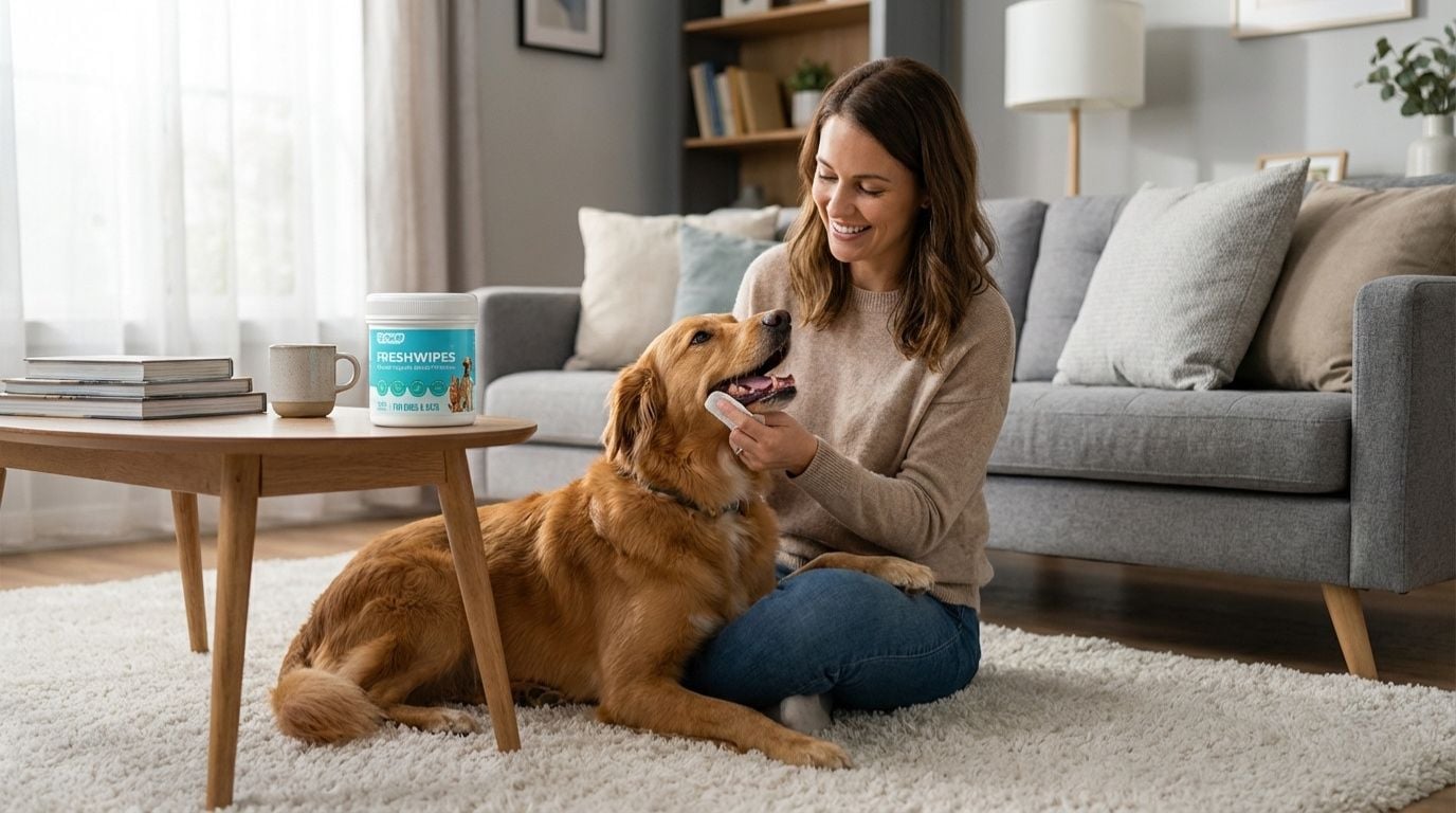 Woman with dog at home