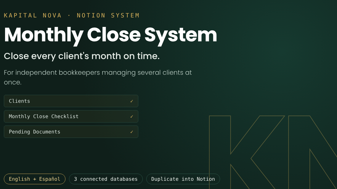 Monthly Close System: Notion System for Bookkeepers (English + Español)