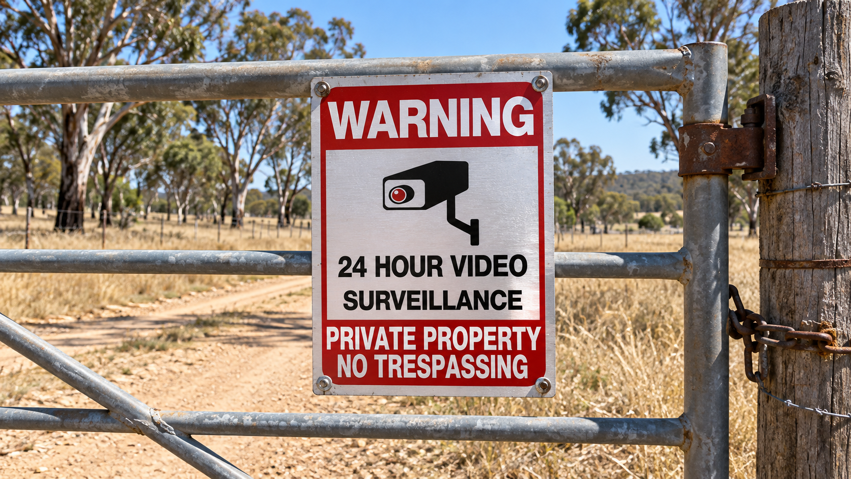 Metal surveillance warning sign bolted to a gate on an Australian property