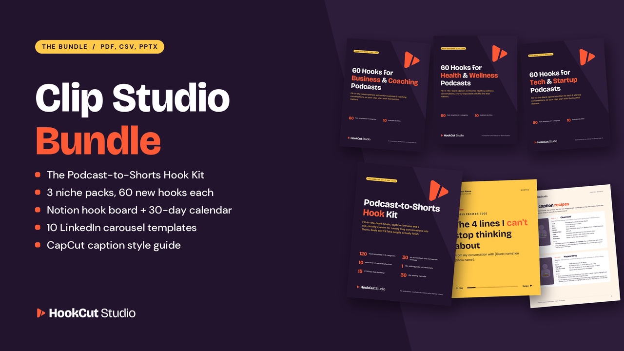 Clip Studio Bundle: Podcast Hooks, Captions, Carousels