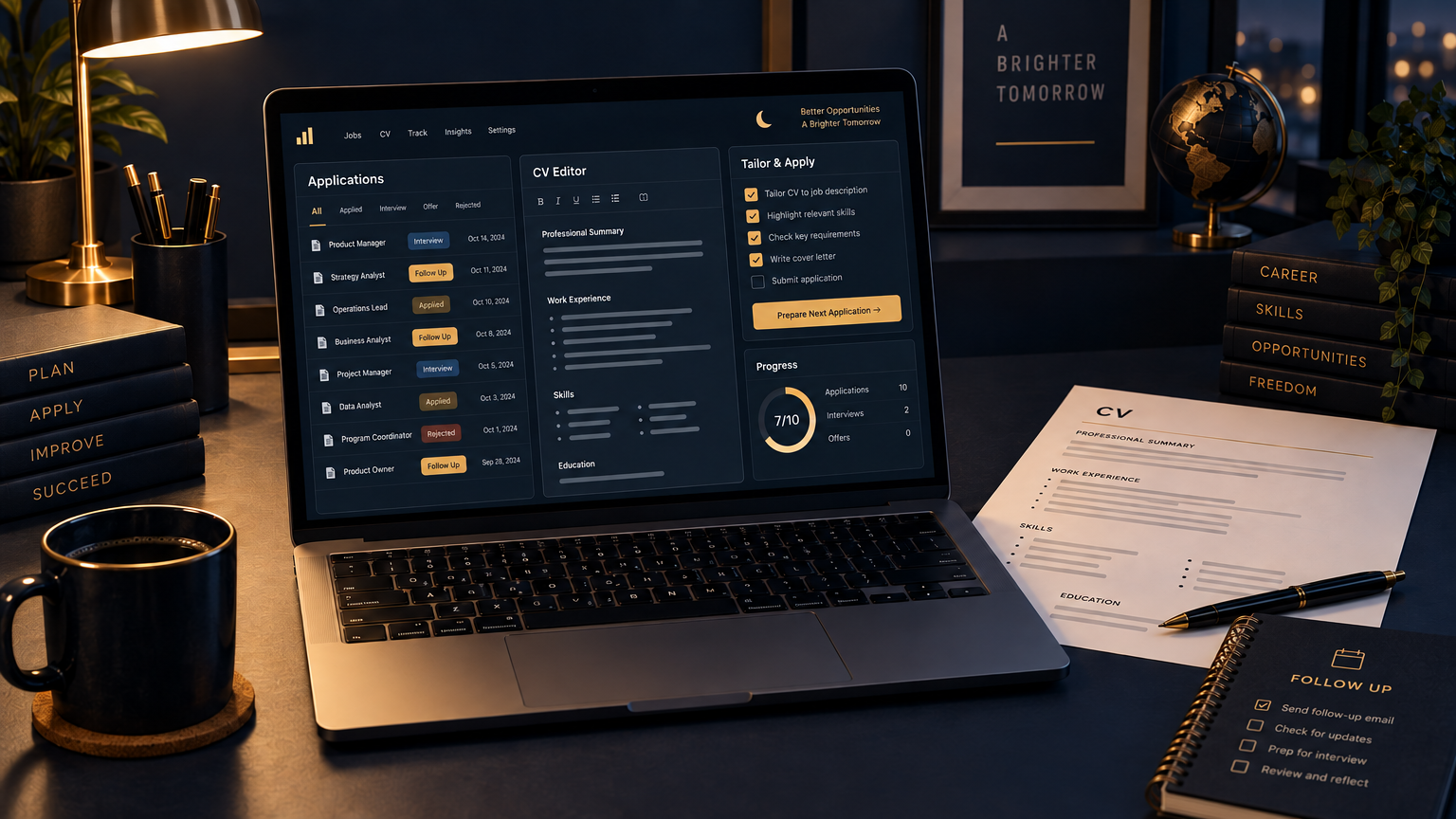 Standard workspace: application tracker, CV editor, and follow-up notebook
