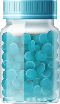 A bottle filled with blue round pills and a blue cap.