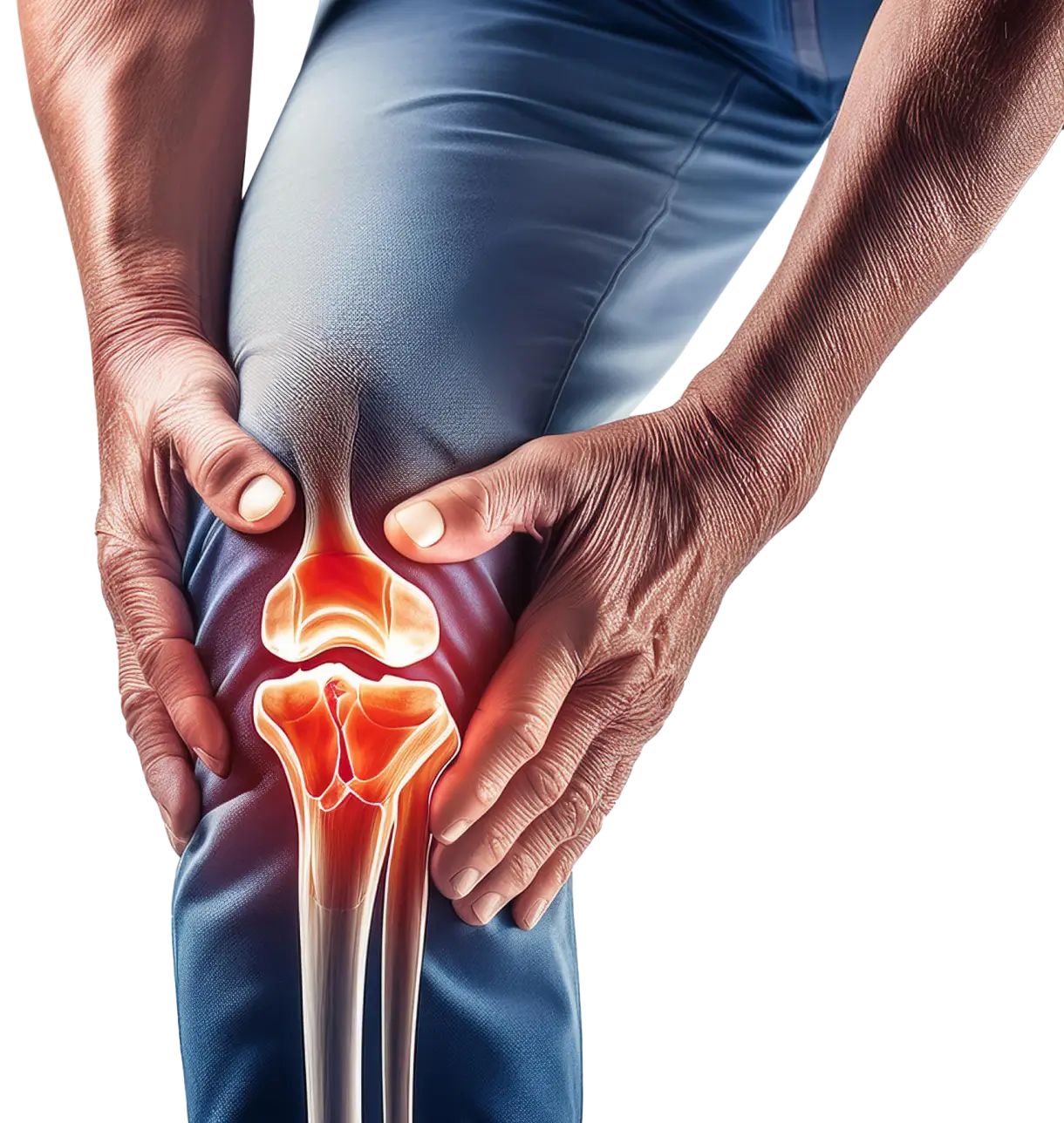Person holding a painful knee with highlighted bones and inflammation.