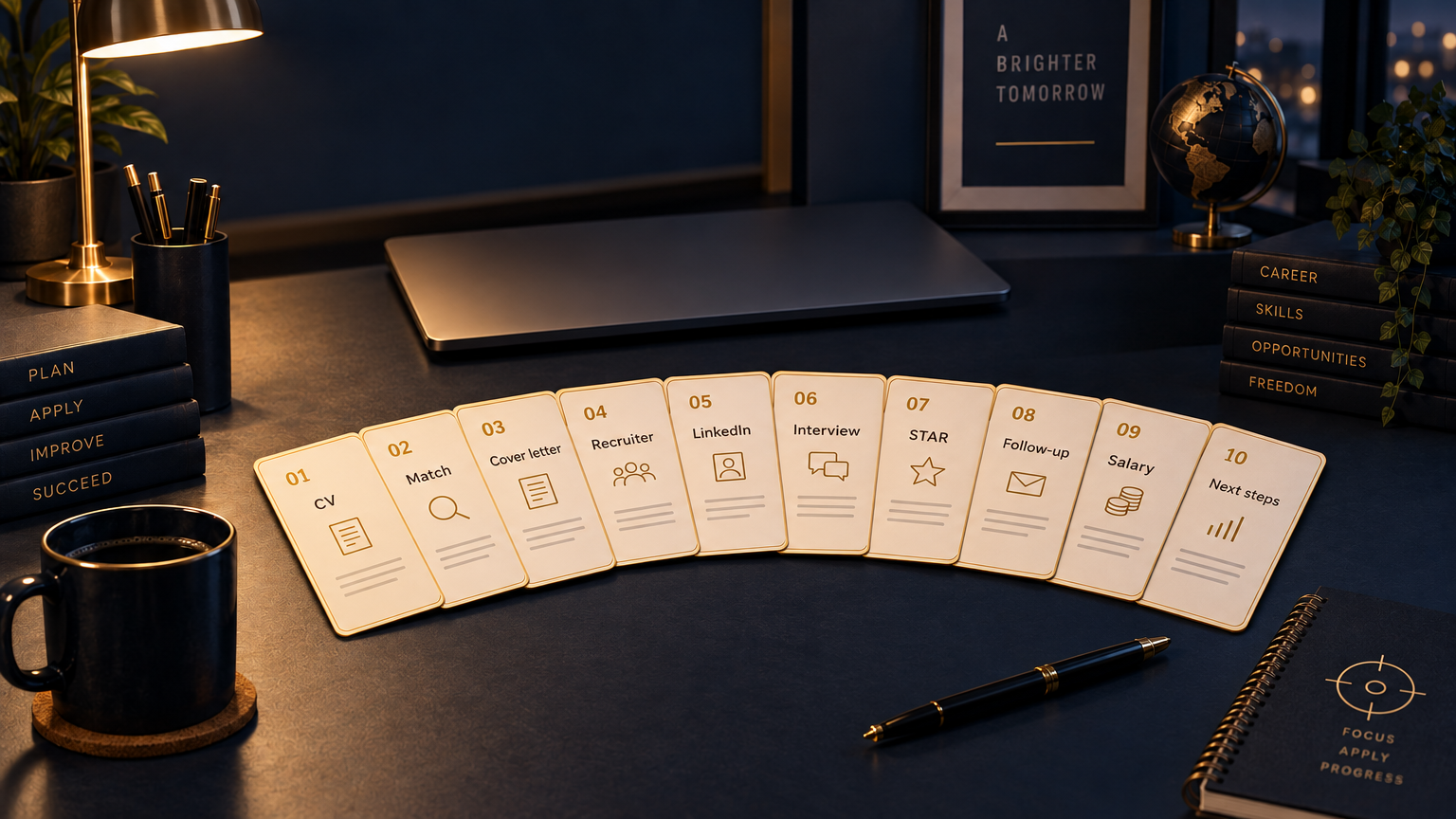 Ten gold-edged prompt cards fanned across a navy desk