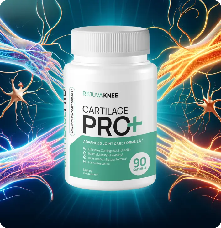 A bottle of Rejuva Knee Cartilage Pro+ supplement with a colorful neural background.