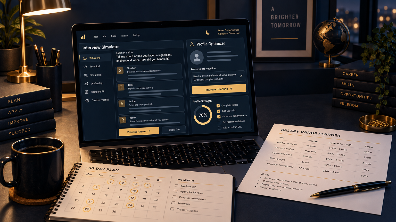 Pro workspace: interview simulator, LinkedIn optimizer, 30-day plan, and salary planner