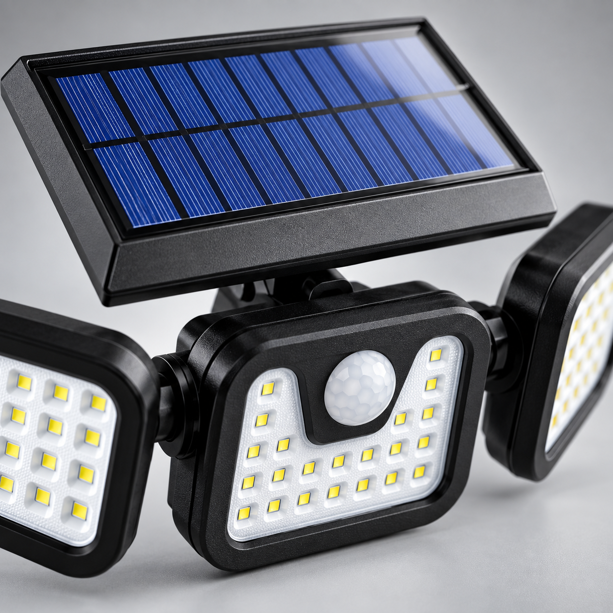 Close-up of the three adjustable LED heads and the solar panel