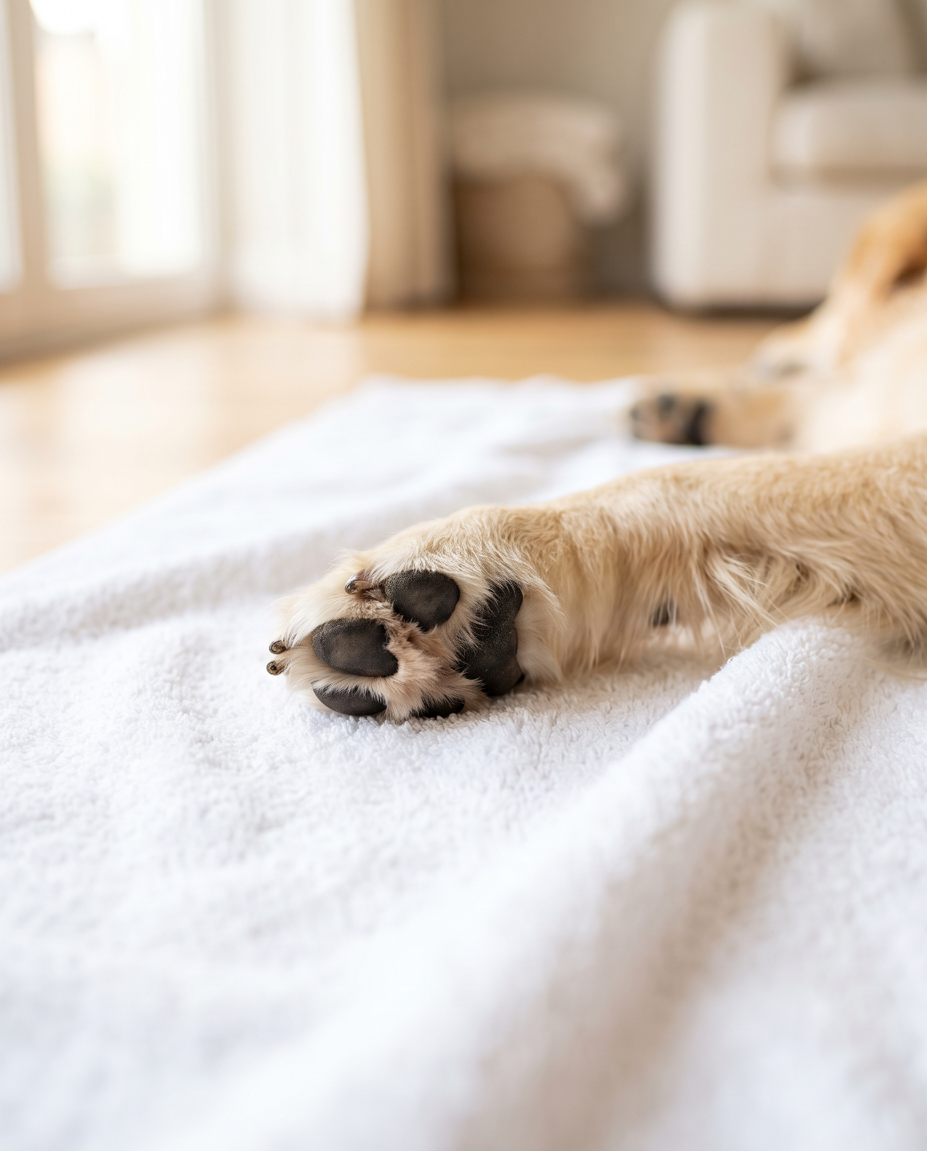 Clean paw resting on white towel