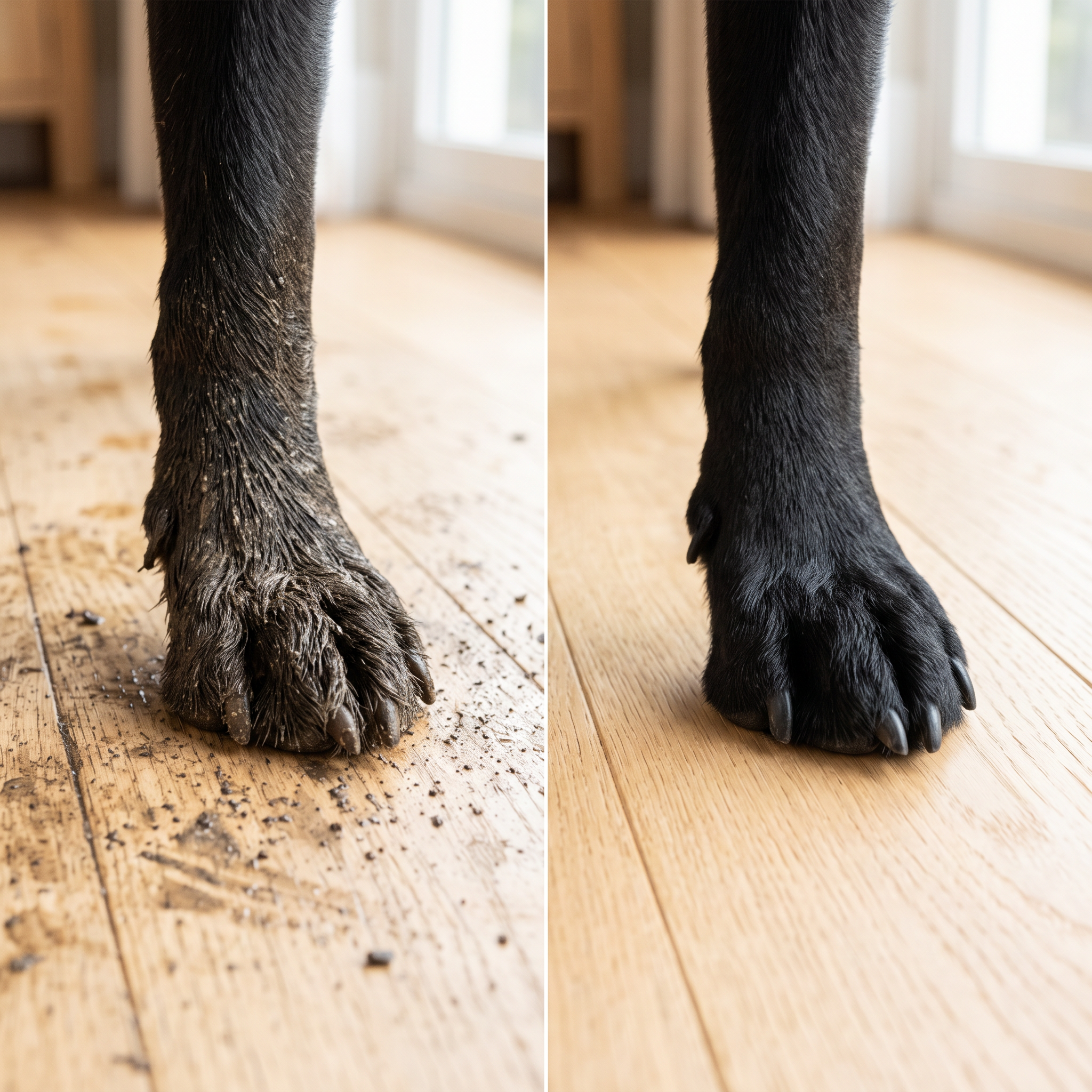 Muddy paw before and after cleaning