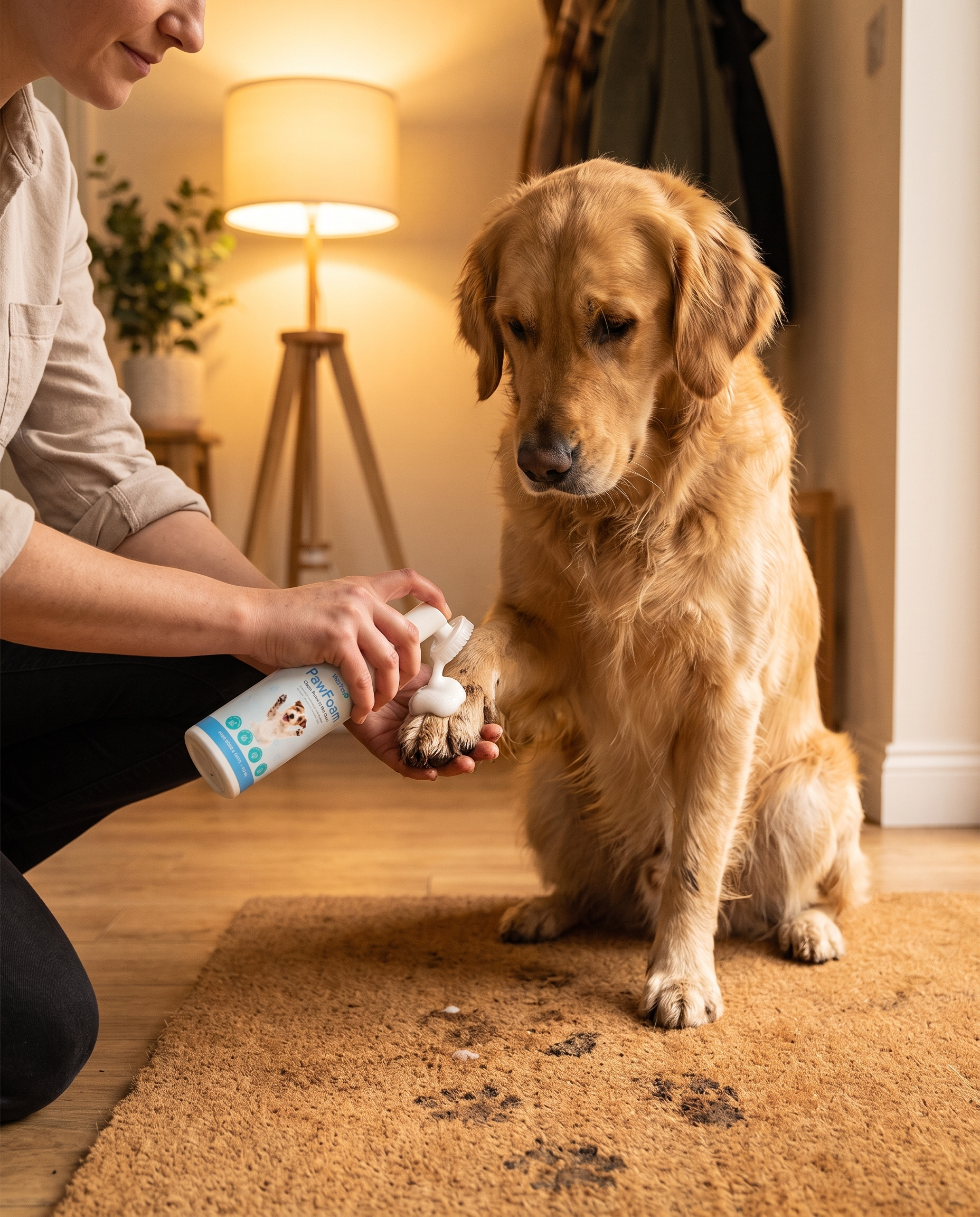 Owner cleaning golden retriever's paw at entryway