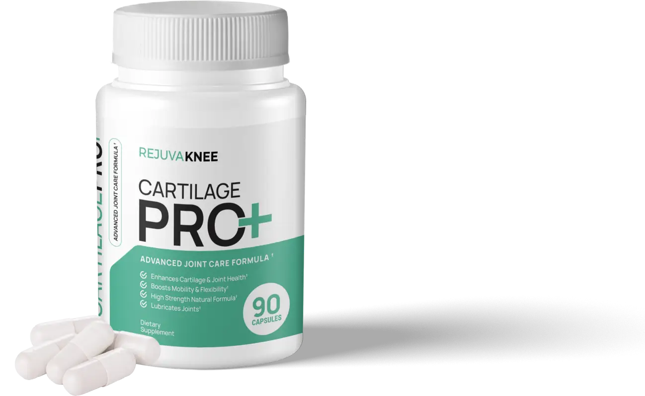 Bottle of 'Cartilage Pro+' dietary supplement with 90 capsules for joint care.